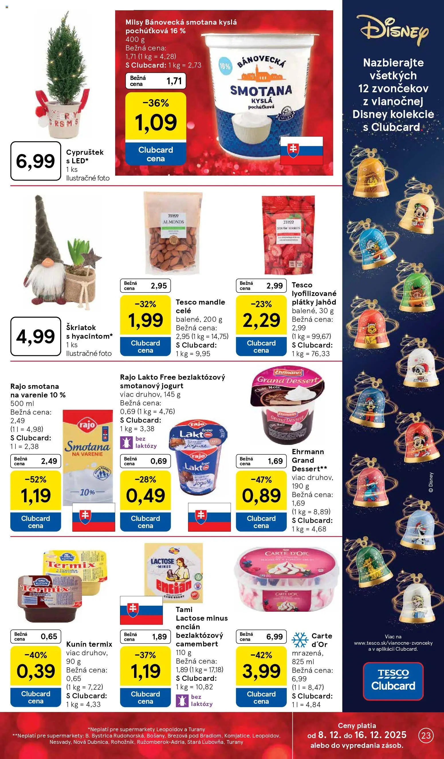 Nové Tesco akcie – leták je platný od 08.12.2025 | Strana: 23 | Produkty: Jogurt, Smotana, Encián, Mandle