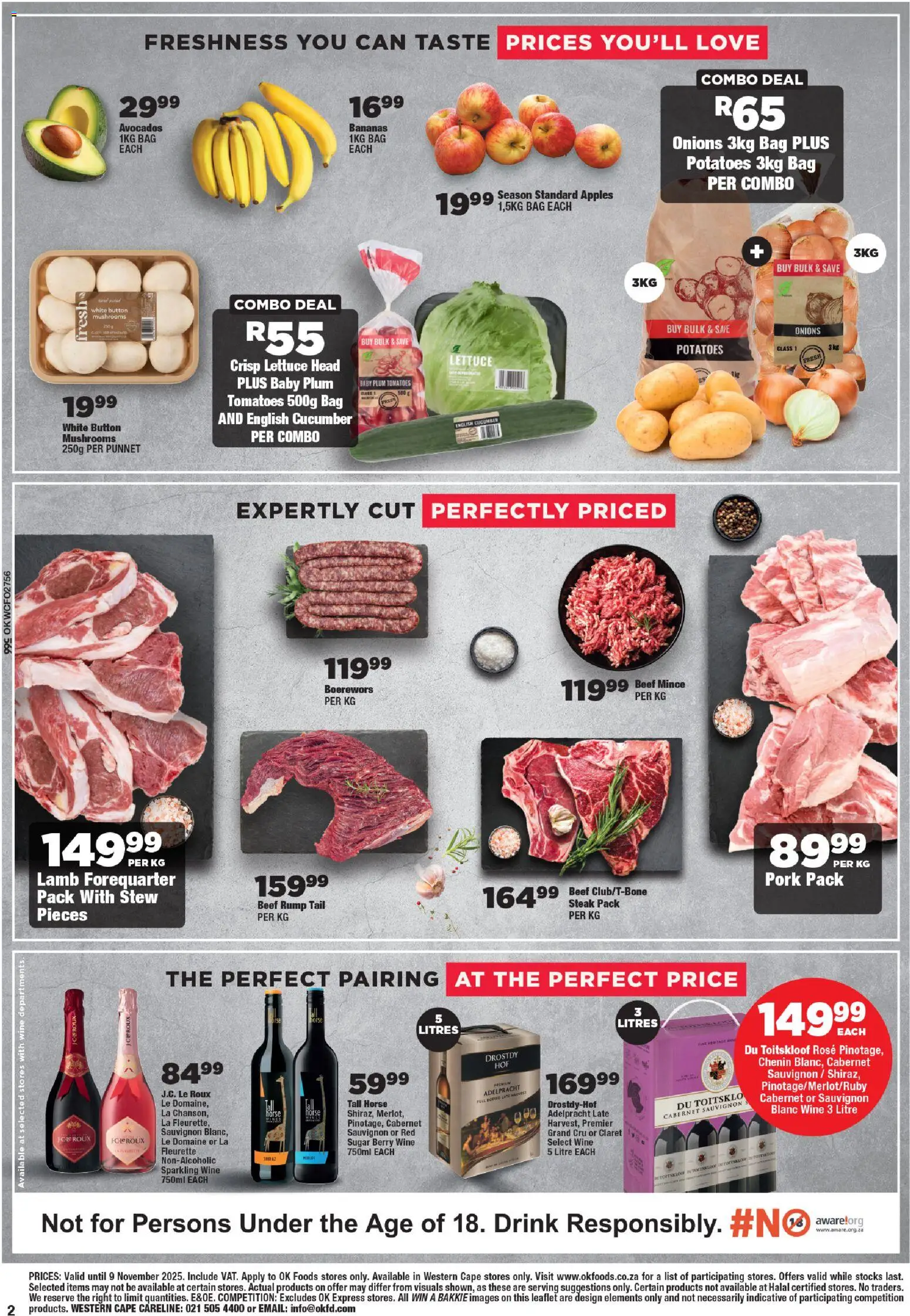 New OK Foods catalogue – valid from 24.10.2025 | Page: 2 | Products: Bag, Steak, Wine, Beef