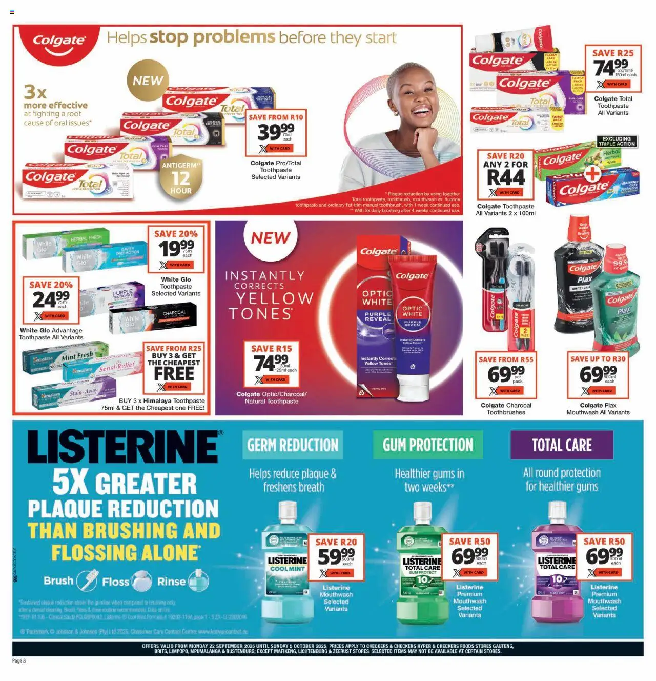 New Checkers catalogue – valid from 22.09.2025 | Page: 8 | Products: Data, Brush, Toothpaste, Mouthwash
