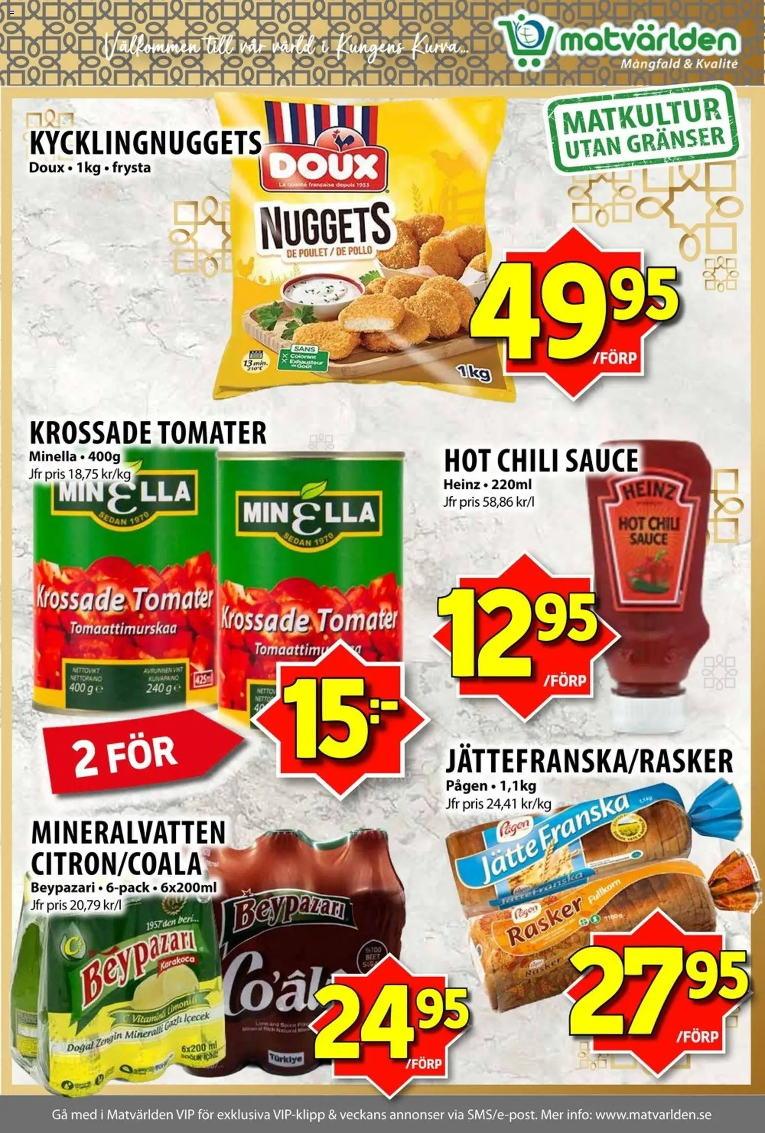 Matvärlden reklamblad aktuell från 23.03.2026 | Sida: 3 | Produkter: Krossade tomater, Mineralvatten, Chili, Tomater