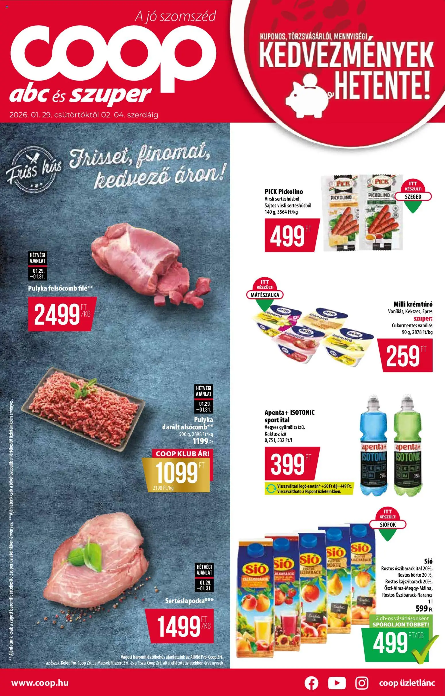 COOP Szolnok akciós ujság - amely érvényes a következő dátumtól: 29.01.2026 | Oldal: 1 | Termékek: Virsli, Körte, Hús, Gyümölcs