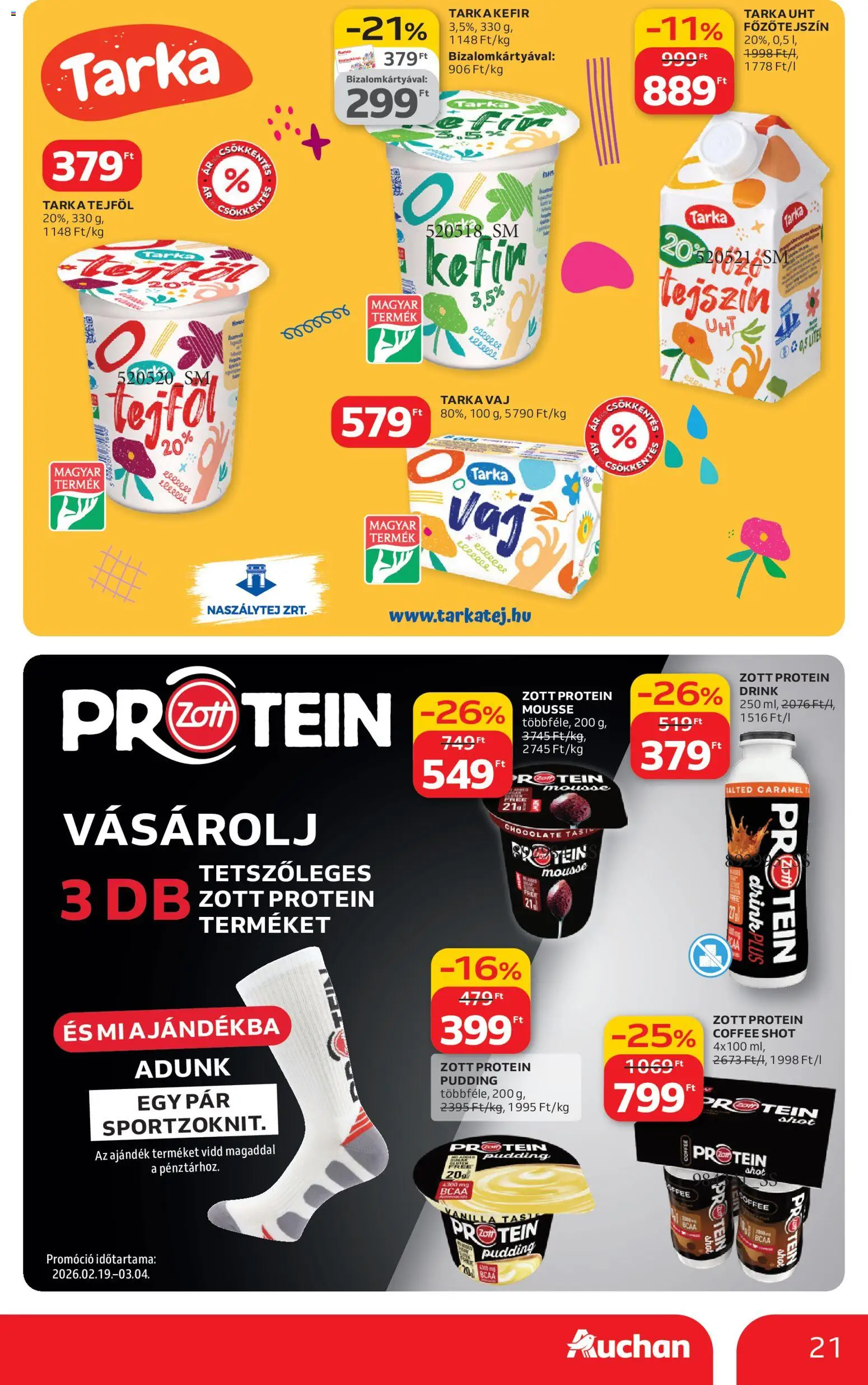 Auchan akciós ujság - amely érvényes a következő dátumtól: 19.02.2026 | Oldal: 21 | Termékek: Kefir, Főzőtejszín, Protein, Tejföl