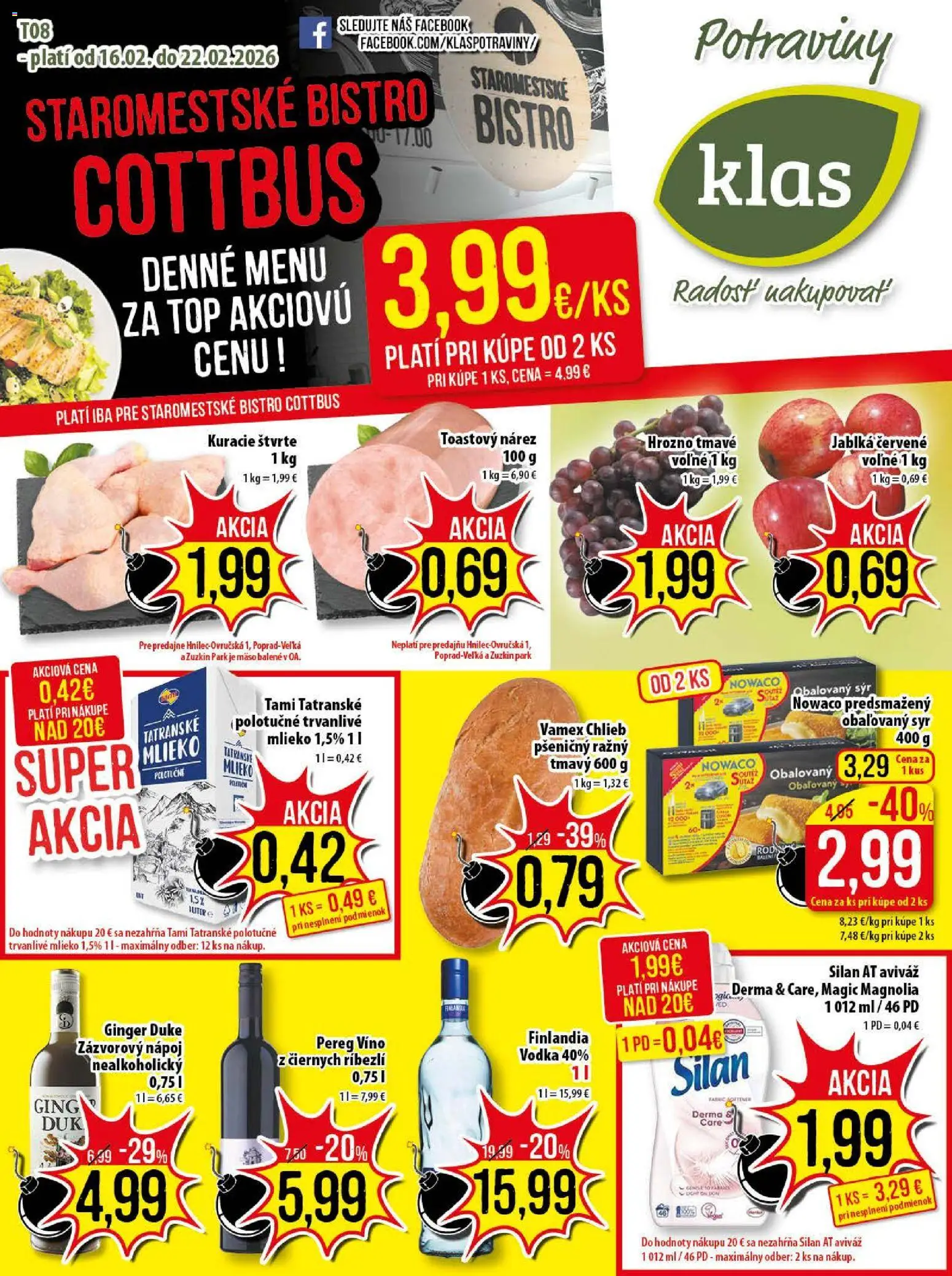 Nové Klas akcie – leták je platný od 16.02.2026 | Strana: 1 | Produkty: Syr, Chlieb, Jablká, Silan