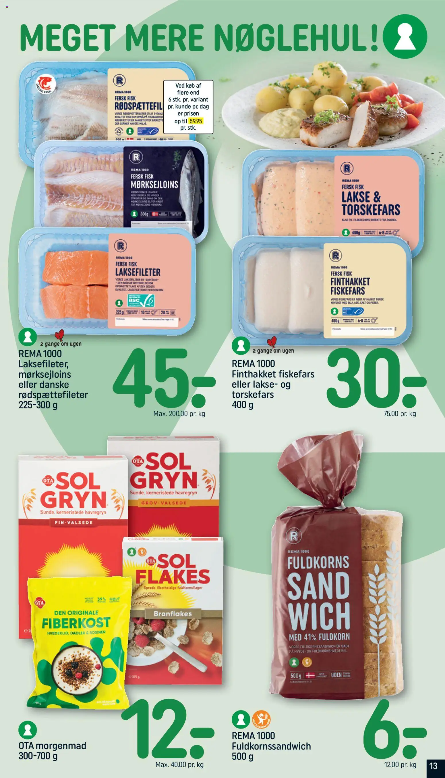 Rema 1000 tilbudsavis – gyldig fra 07.03.2026 | Side: 13 | Produkter: Fisk, Rosiner, Salt, Havregryn