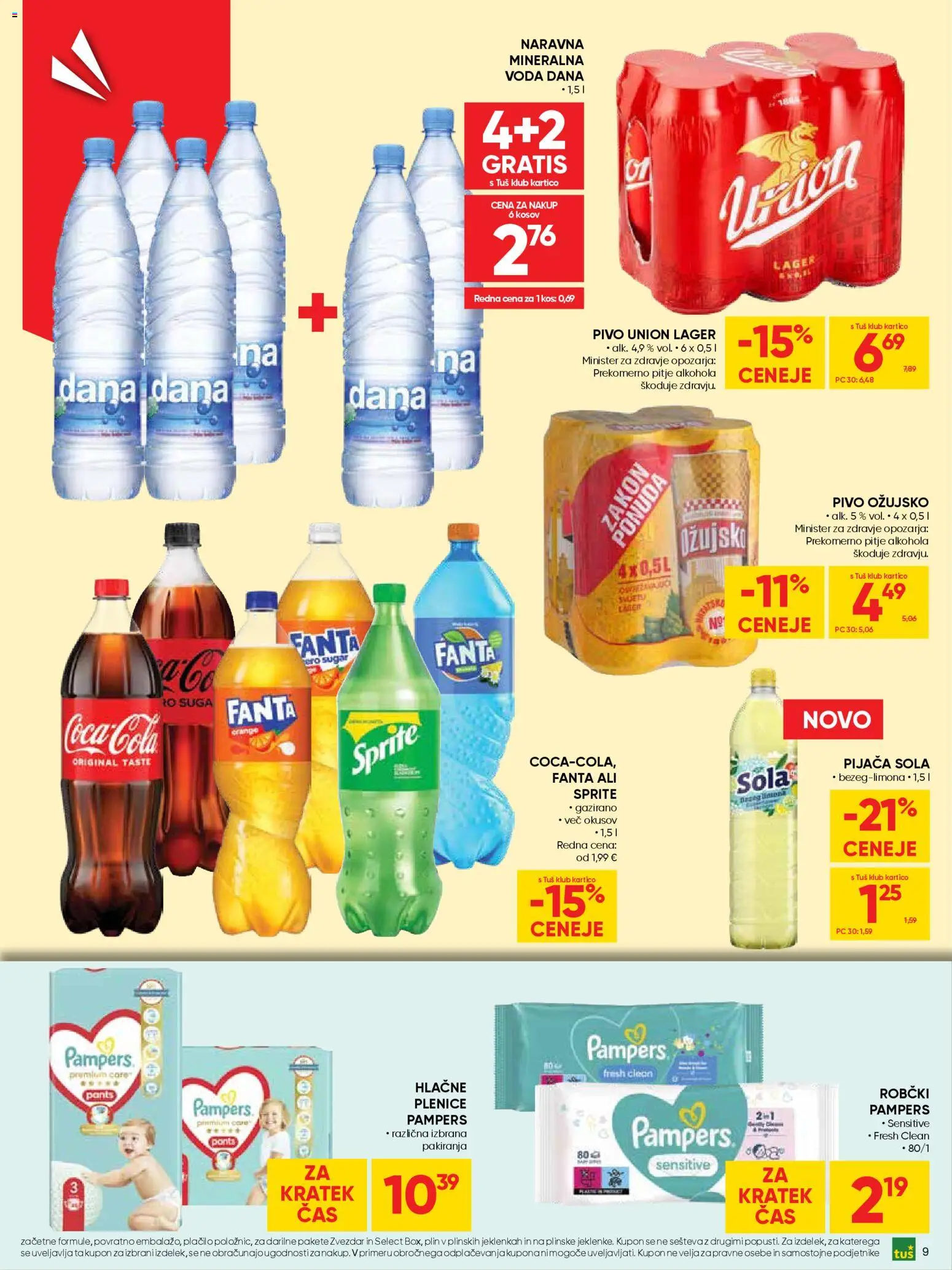Novi Tuš katalog ponudbe – veljaven od 08.04.2026 | Stran: 9 | Izdelki: Plenice, Robčki, Pivo, Voda