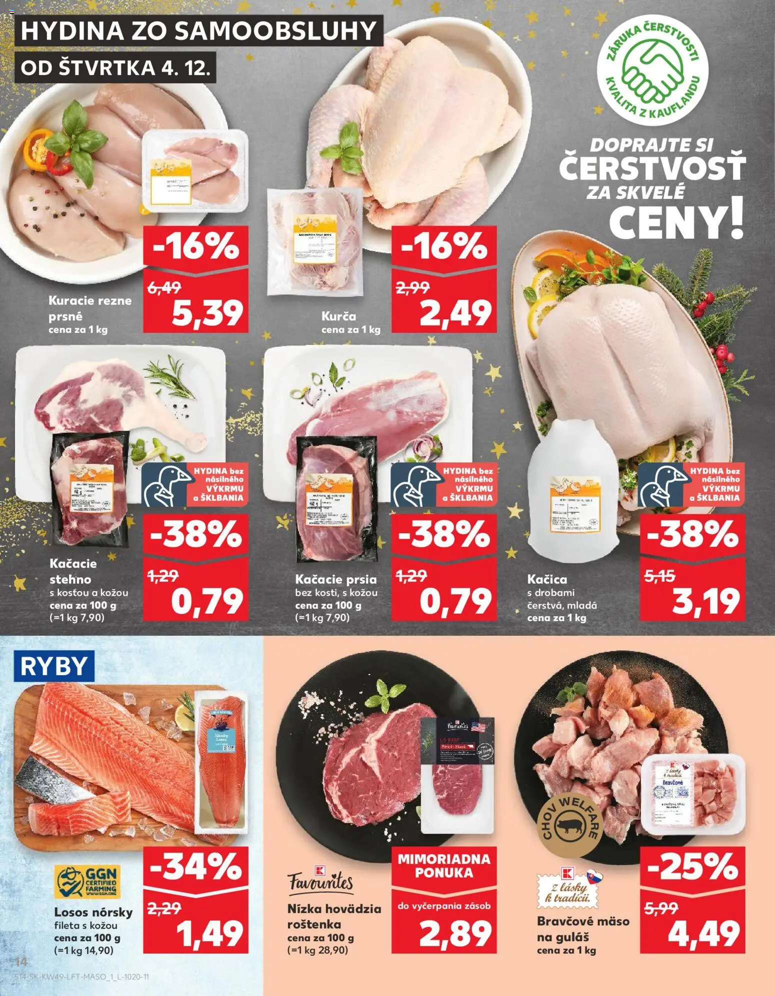 Nové Kaufland akcie – leták je platný od 04.12.2025 | Strana: 14 | Produkty: Kačacie prsia, Kuracie rezne, Steak, Kurča