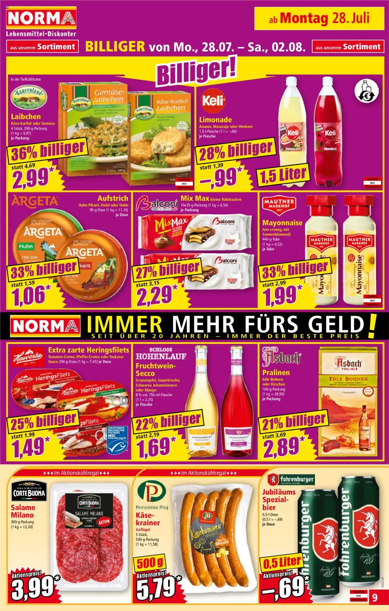 Norma Flugblatt gültig ab 28.07.2025 | Seite: 9 | Produkte: Mayonnaise, Mango, Käse, Bier
