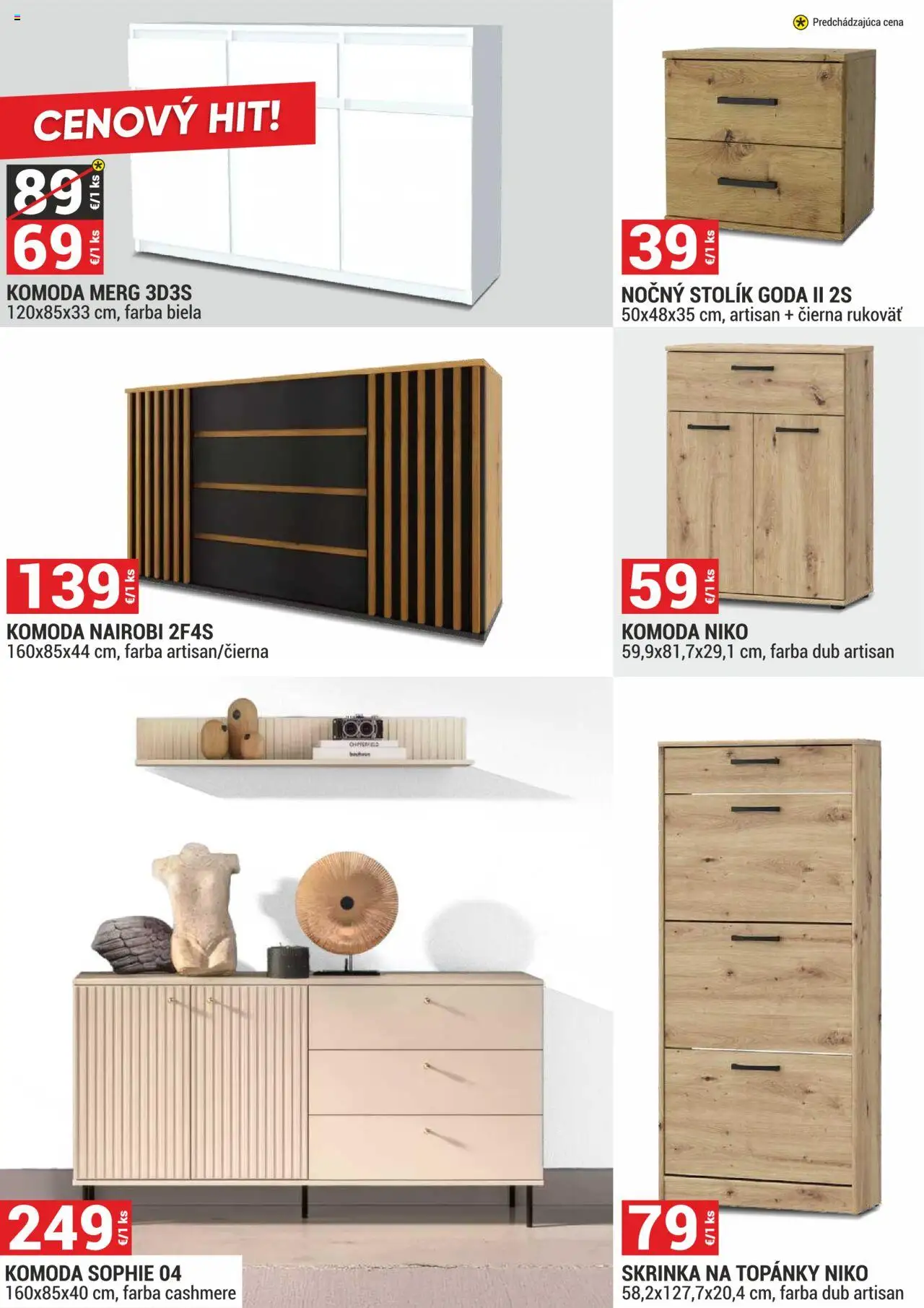 Nové Merkury Market akcie – leták je platný od 01.10.2025 | Strana: 29 | Produkty: Nočný stolík, Skrinka, Komoda, Topánky