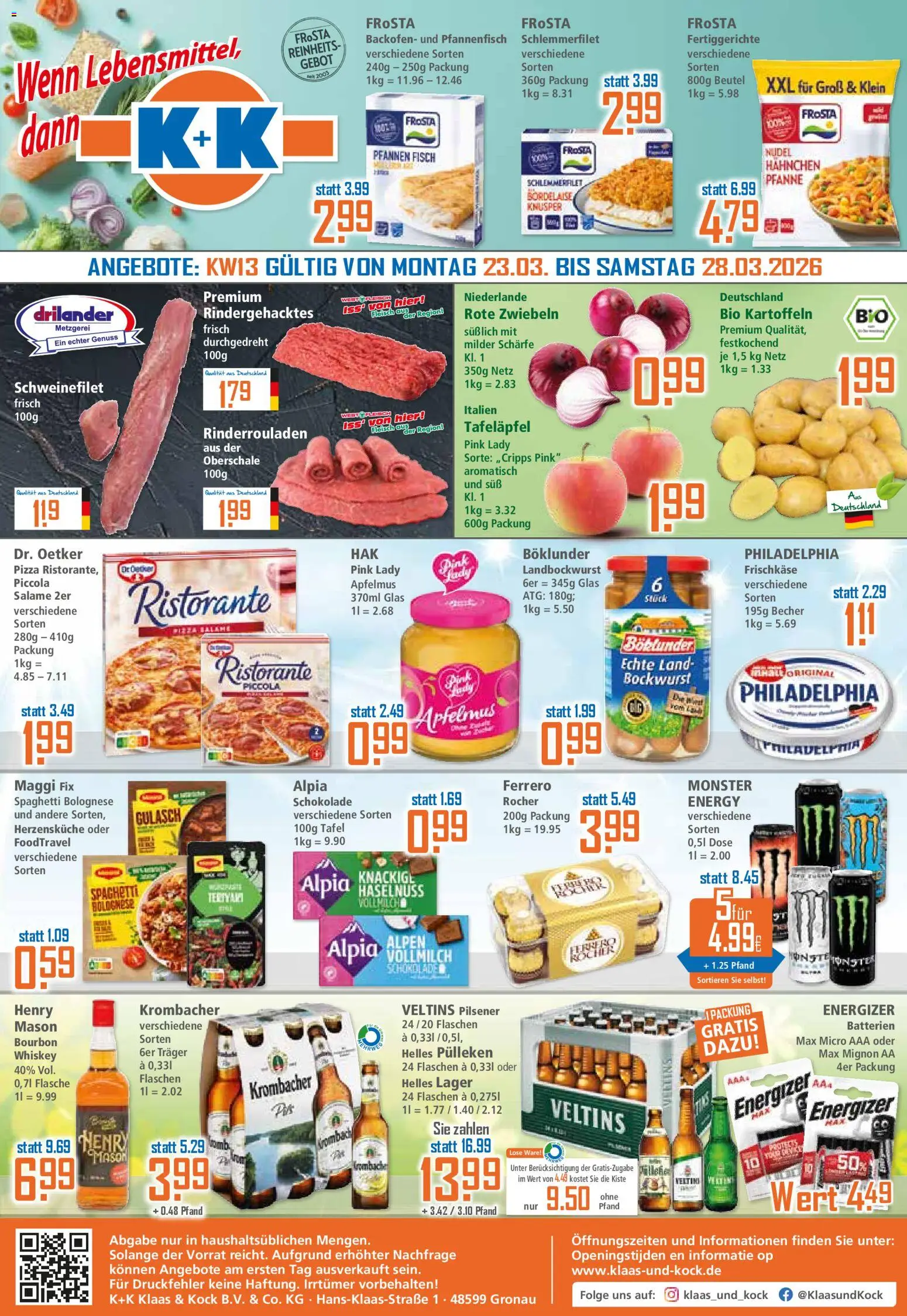 Klaas & Kock Prospekt 	 – gültig ab 23.03.2026 | Seite: 1 | Produkte: Helles pulleken, Ristorante, Batterien, Schweinefilet