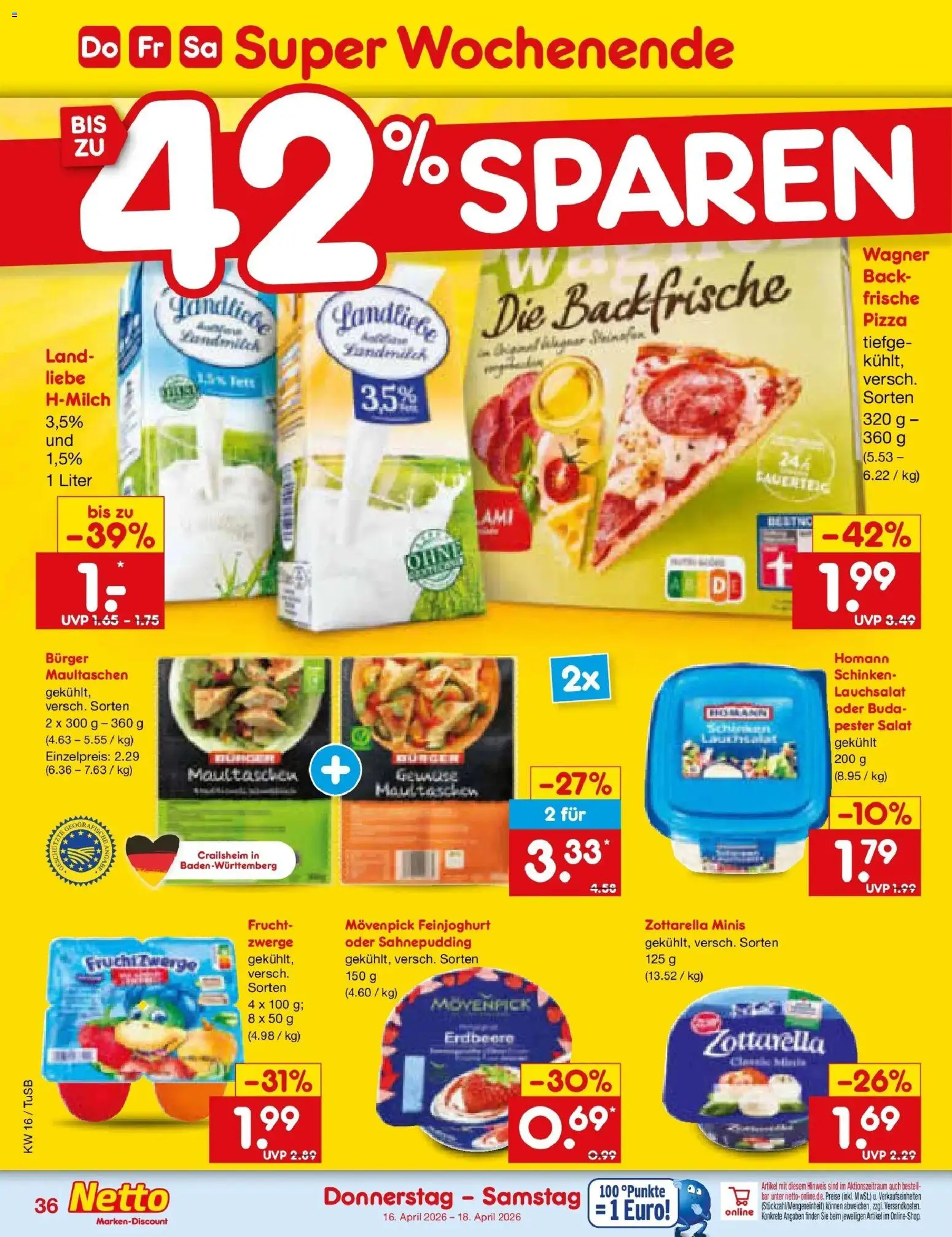 Netto Marken-Discount Prospekt Lahr-Langenwinkel	 – gültig ab 13.04.2026 | Seite: 42 | Produkte: Fruchtzwerge, Burger, Schinken, Maultaschen