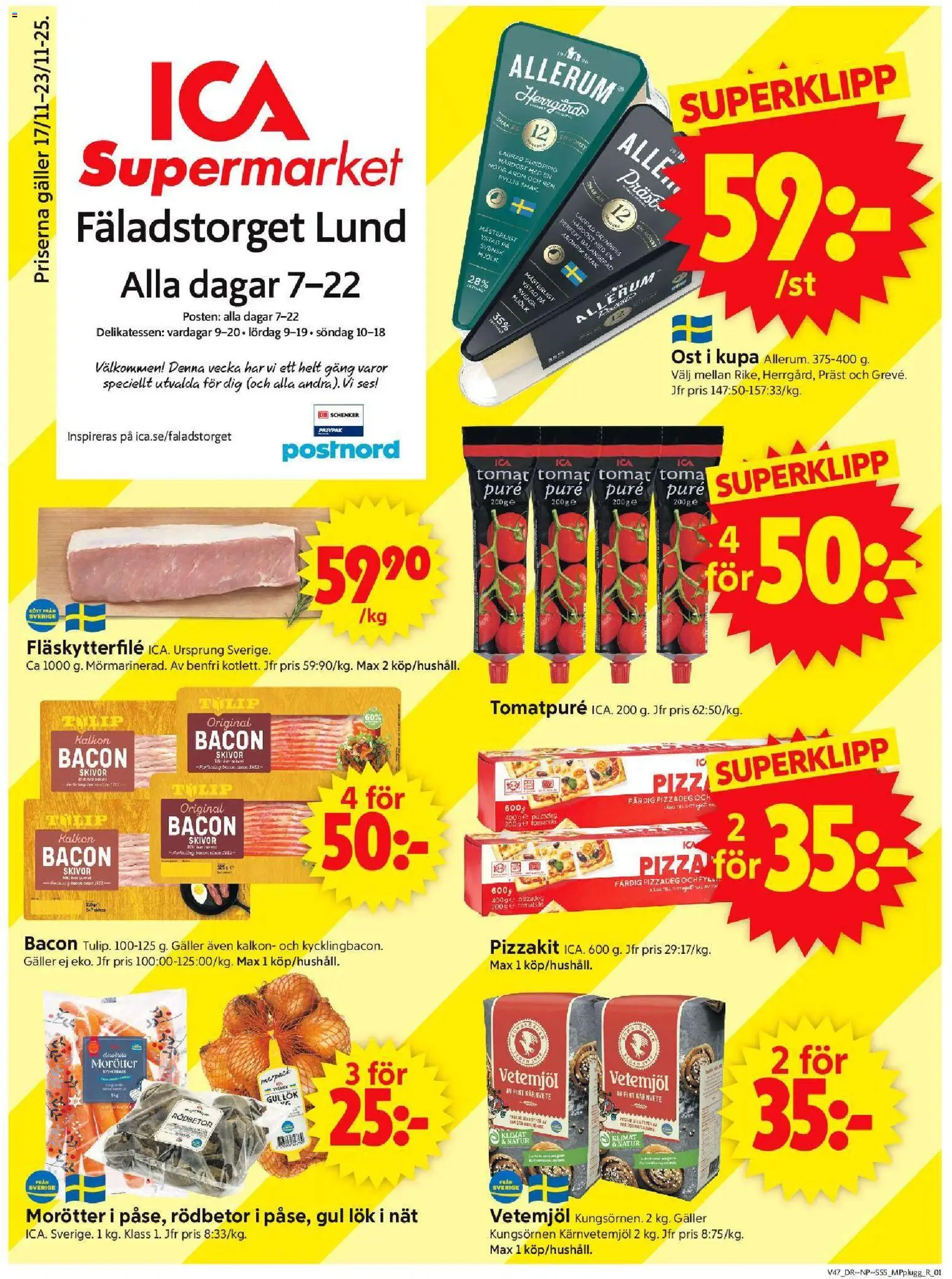 ICA Supermarket reklamblad aktuell från 17.11.2025 | Sida: 1 | Produkter: Fläskytterfilé, Mjölk, Gul lök, Pizzakit