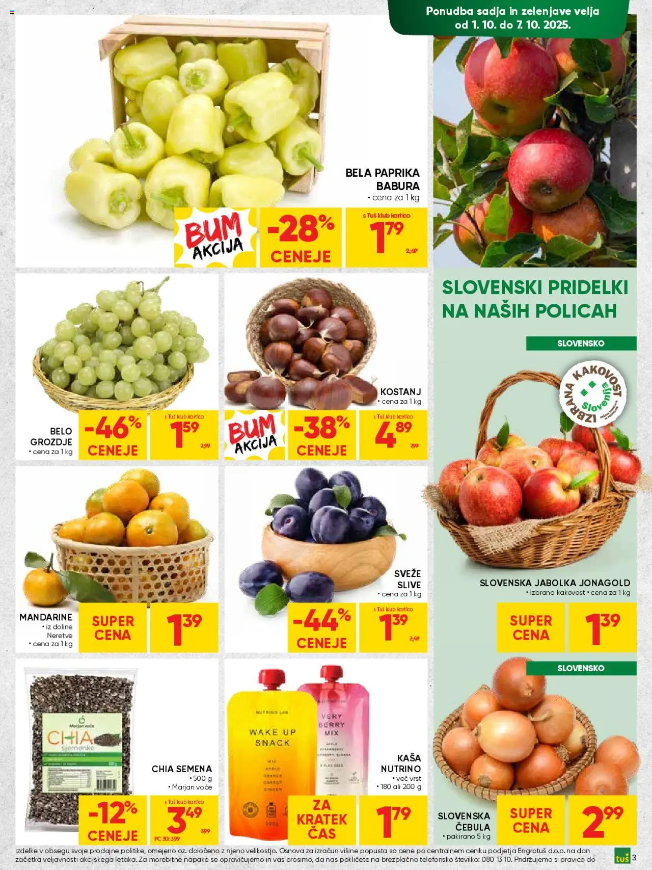 Novi Tuš katalog ponudbe – veljaven od 01.10.2025 | Stran: 3 | Izdelki: Grozdje, Paprika, Jabolka, Cebula