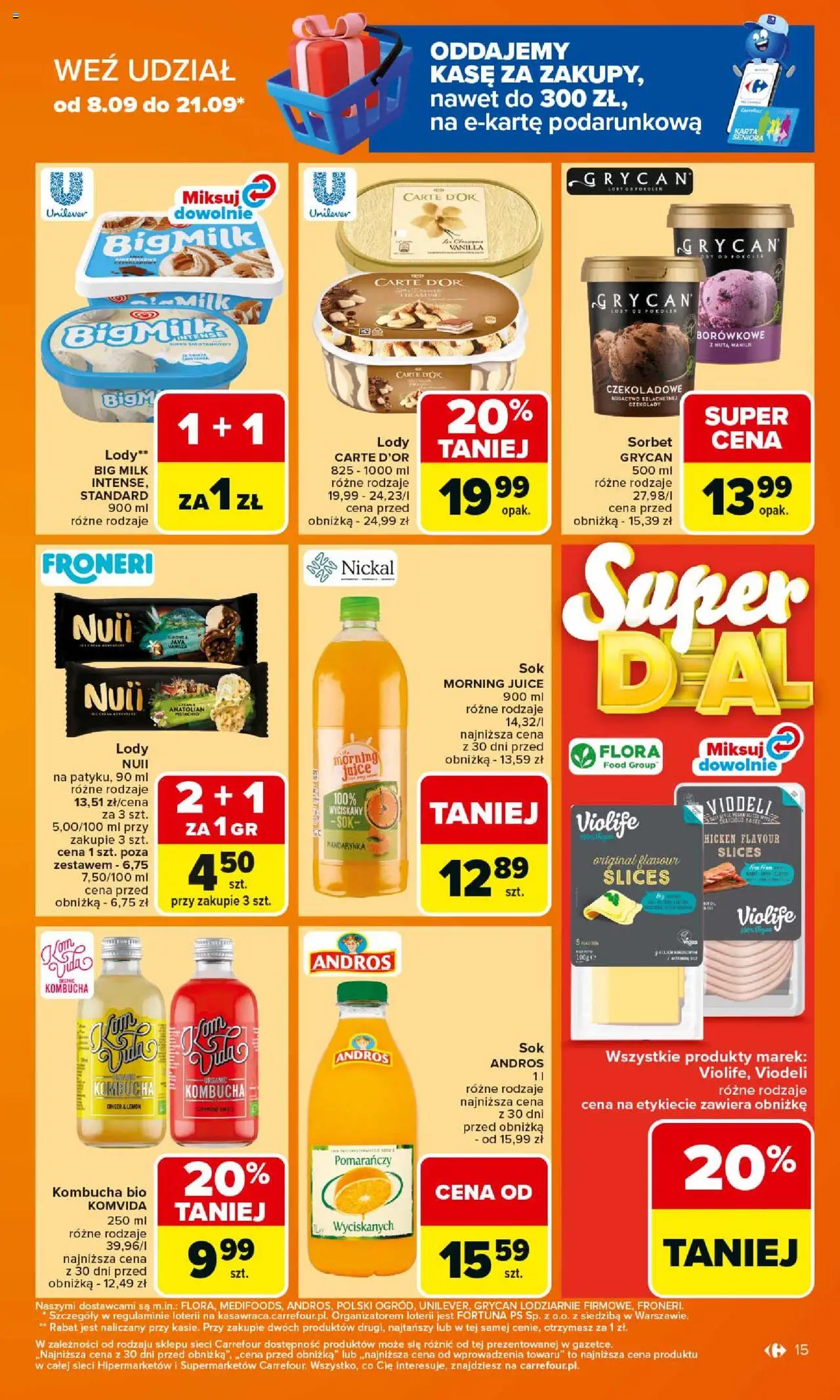 Carrefour Gazetka od 15.09.2025 | Strona: 15 | Produkty: Czekolady, Sorbet, Kombucha, Lody