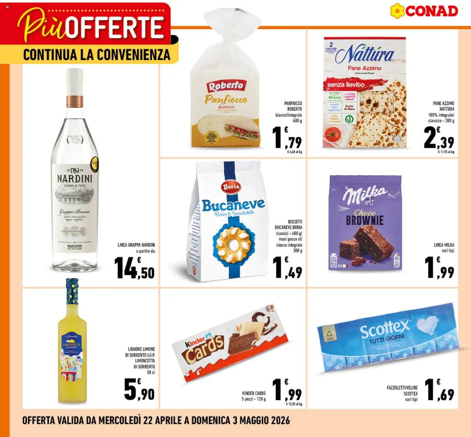 Volantino Conad del 22.04.2026 | Pagina: 2 | Prodotti: Pane, Biscotti, Limoncello, Grappa