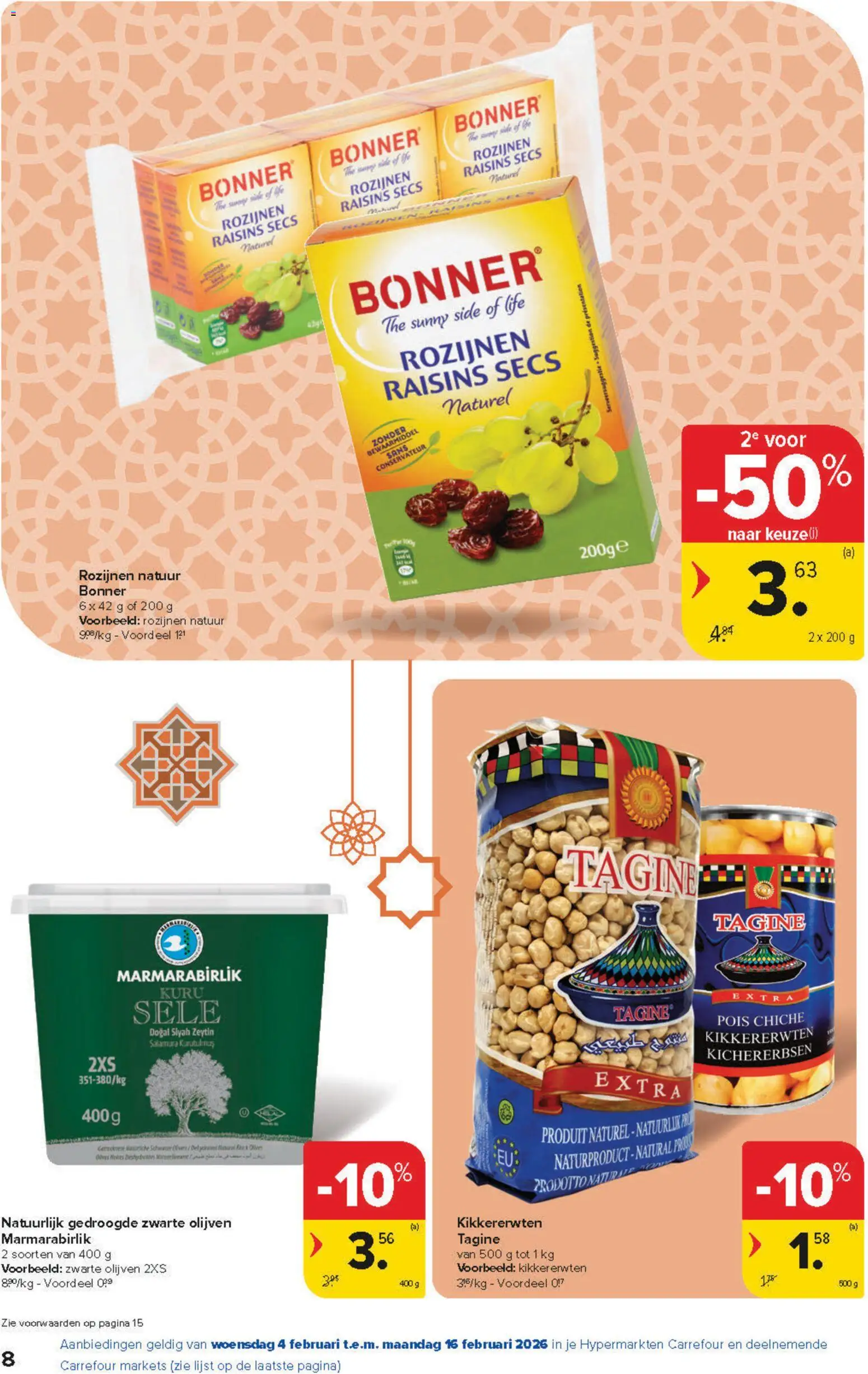 {H1} | Pagina: 8 | Producten: Rozijnen, Kikkererwten, Olijven