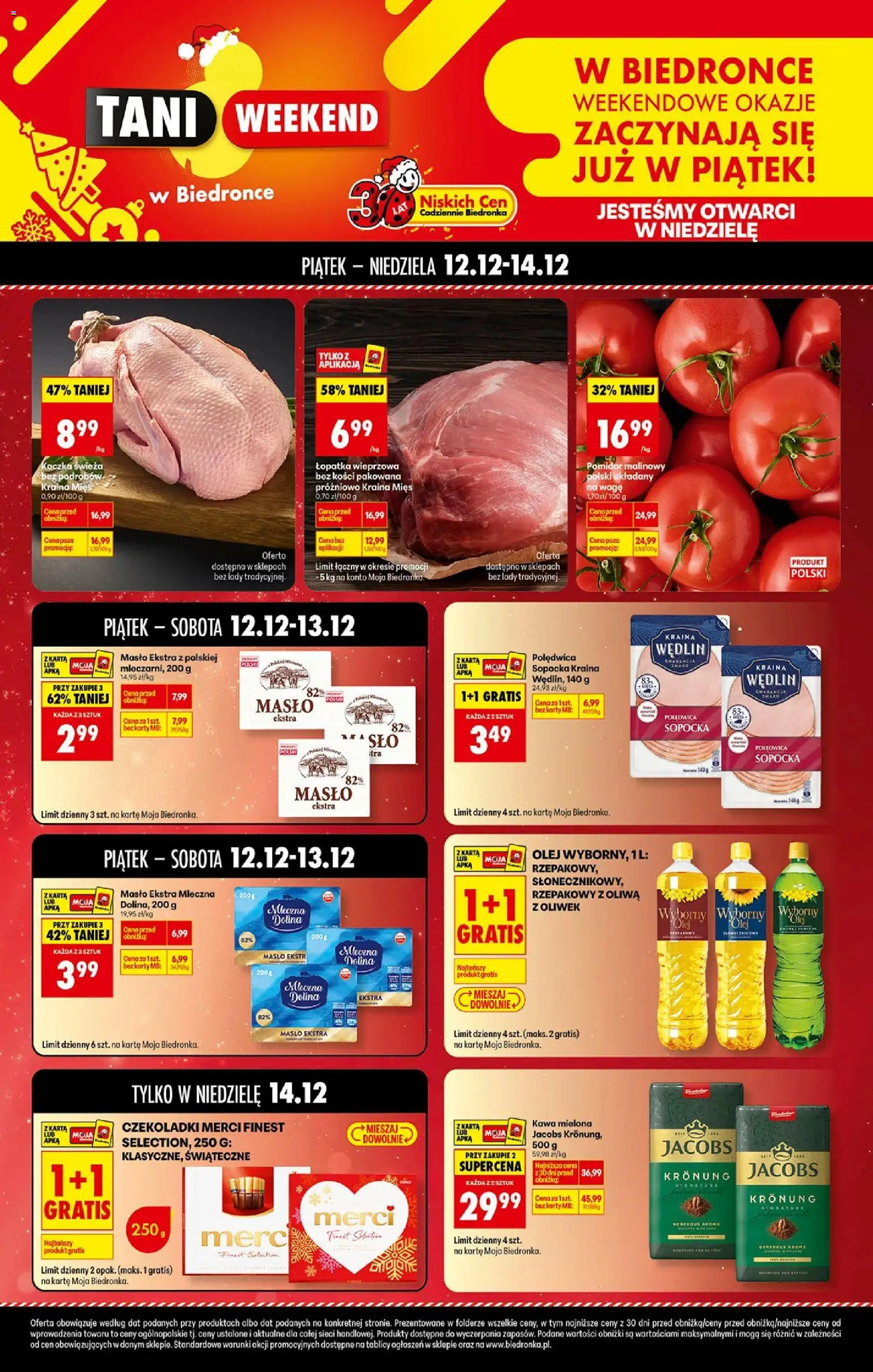 Biedronka gazetka - Tani weekend od 12.12.2025 | Strona: 1 | Produkty: Czekoladki, Oliwa z oliwek, Merci, Masło