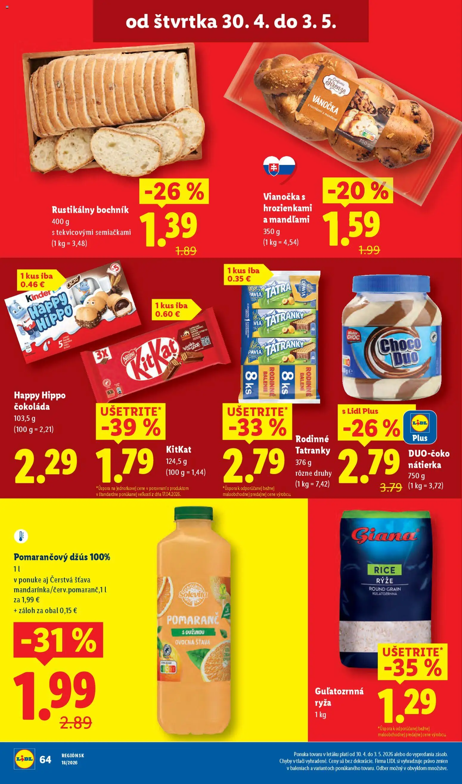 Nové Lidl akcie – leták je platný od 27.04.2026 | Strana: 70 | Produkty: Džús, Ryža, Kinder, Čokoláda