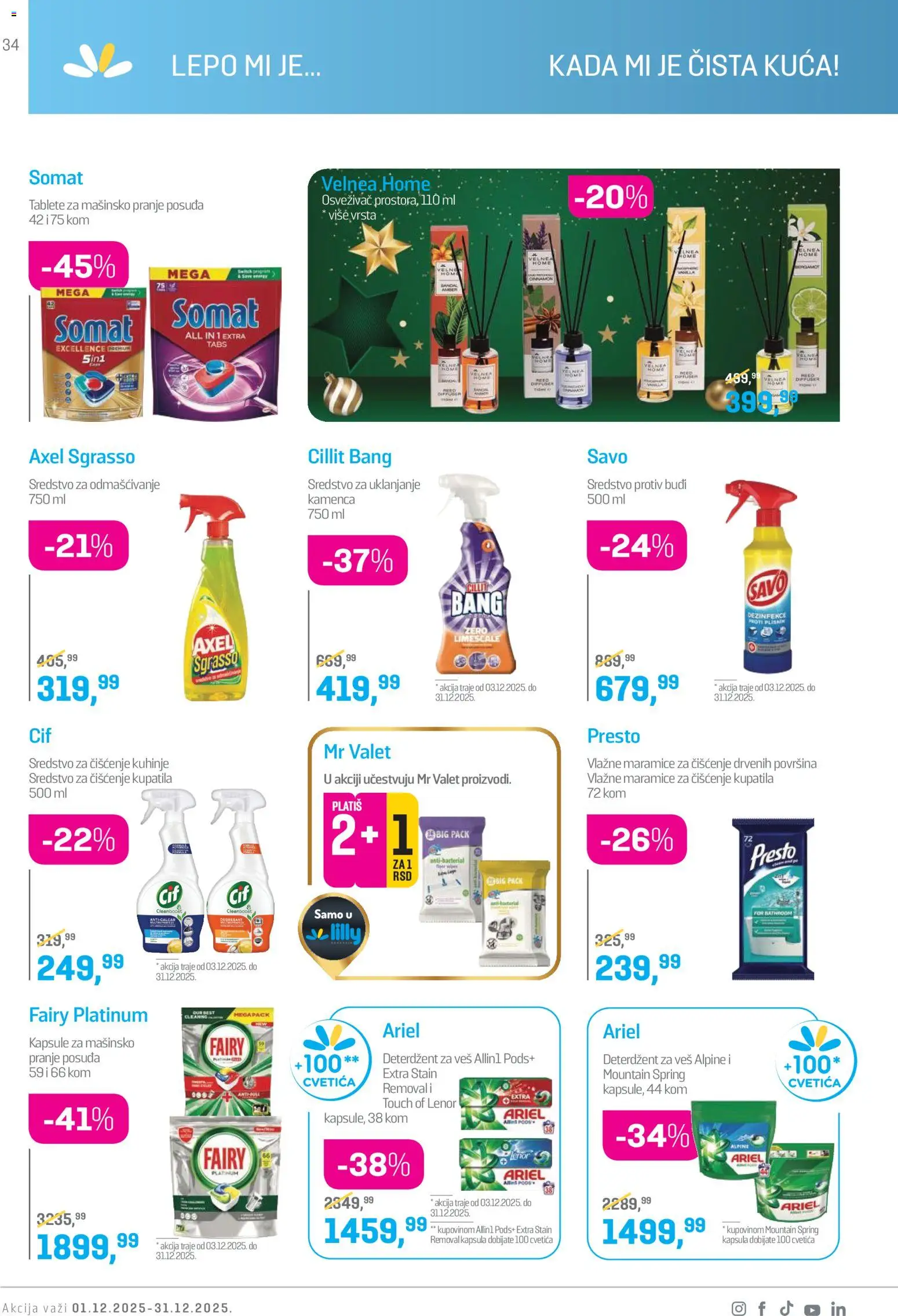 Lilly drogerie katalog - važi od 01.12.2025 | Strana: 34 | Proizvode: Deterdžent, Ariel, Cillit Bang, Vlažne maramice