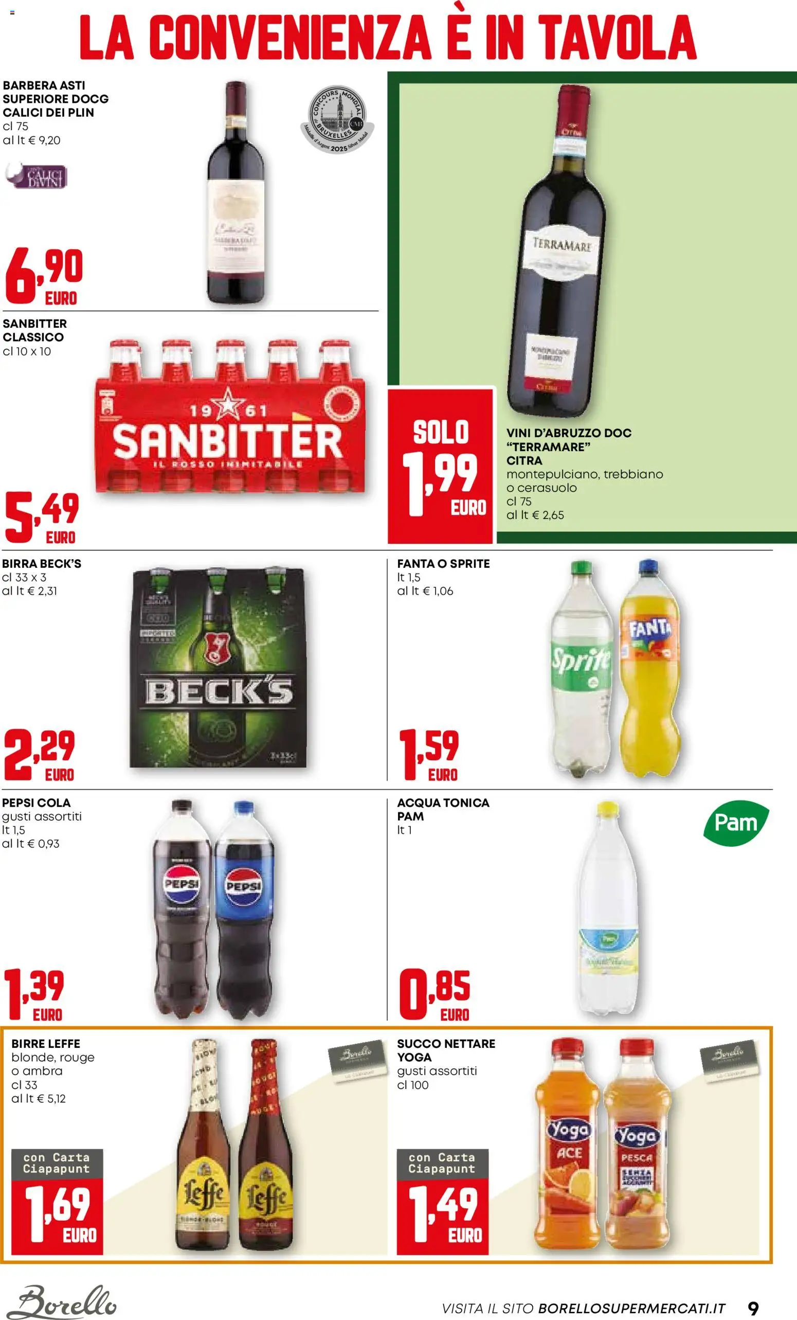 Volantino Borello Supermercati del 18.12.2025 | Pagina: 9 | Prodotti: Birra, Acqua tonica, Acqua, Pesca