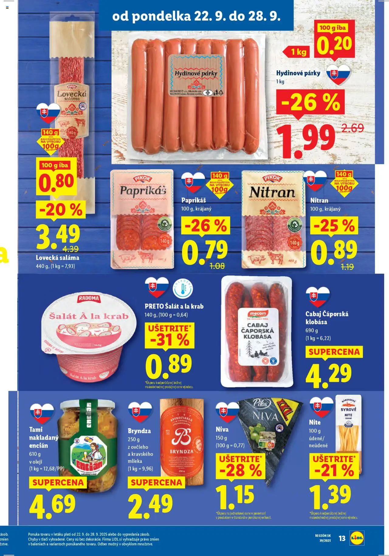 Nové Lidl akcie – leták je platný od 22.09.2025 | Strana: 19 | Produkty: Saláma, Klobása, Encián, Párky