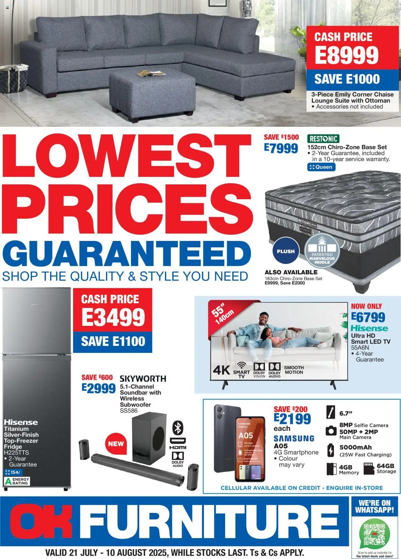 OK Furniture - Eswatini  Specials │ valid from 21.07.2025 | Page: 1 | Products: Camera, Fridge, Lounge suite, Subwoofer