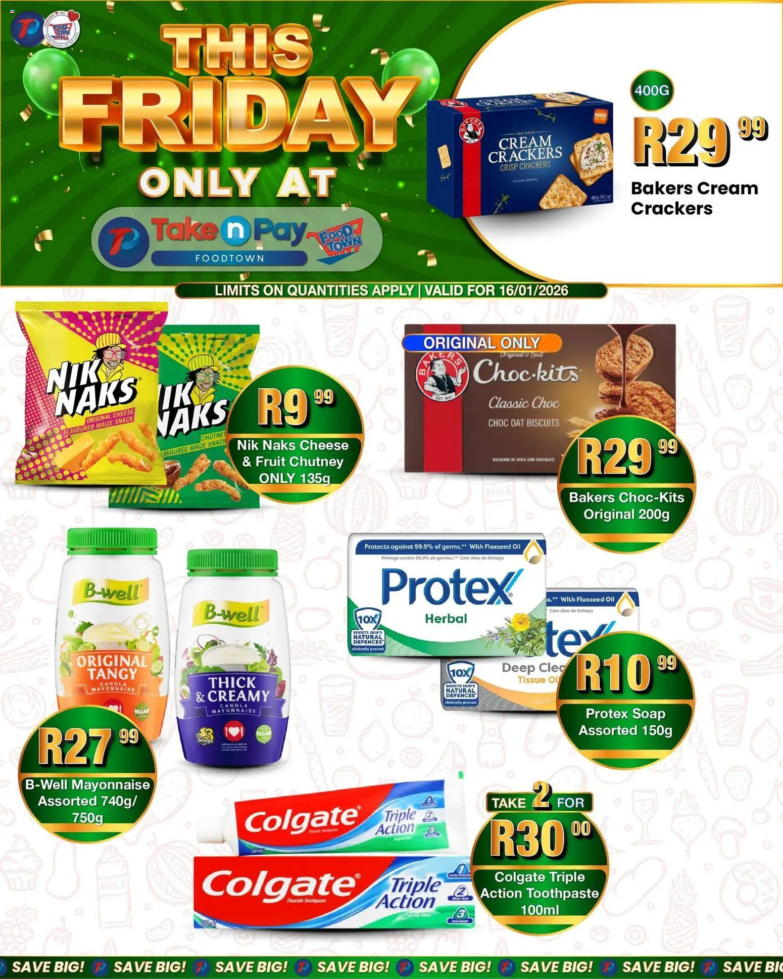 New Take n Pay catalogue – valid from 16.01.2026 | Page: 2 | Products: Cheese, Biscuits, Toothpaste, Fruit