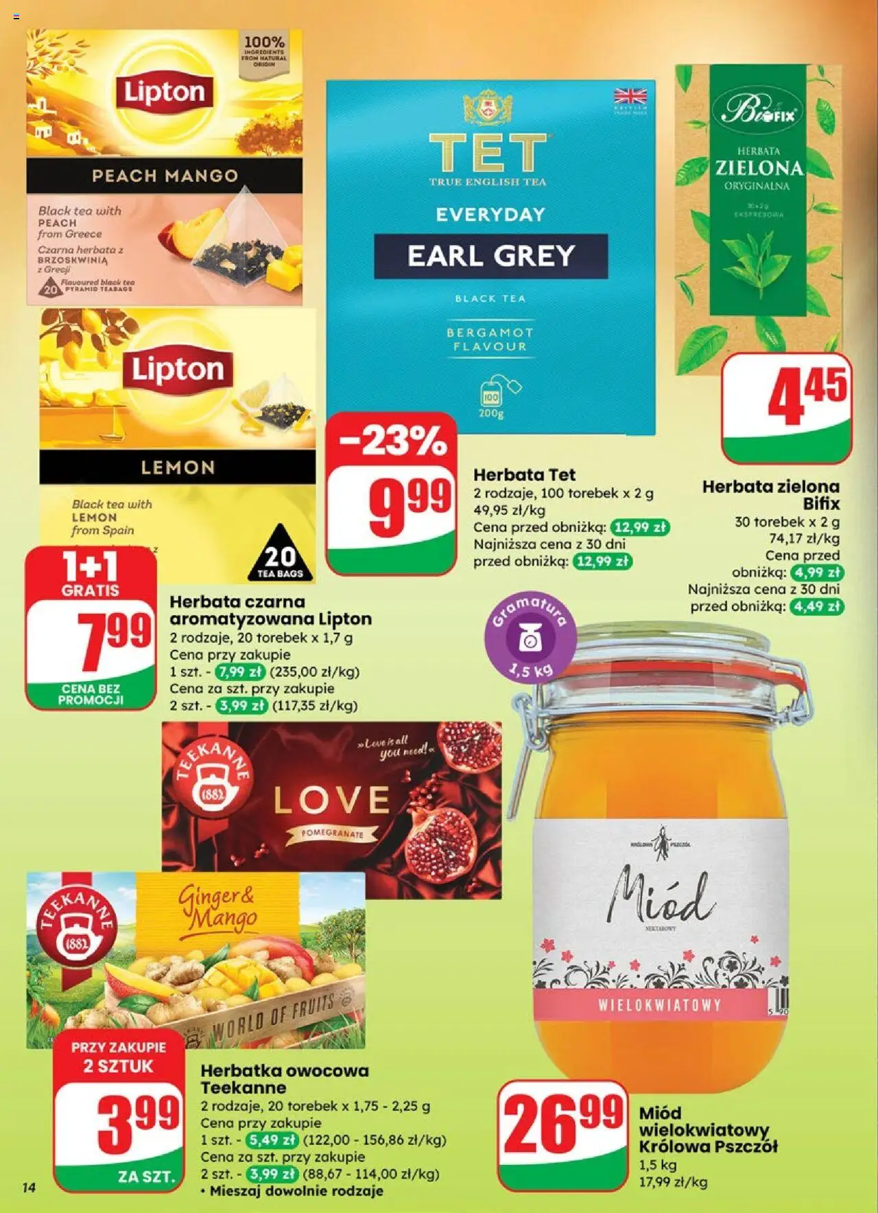 Dino Gazetka od 15.10.2025 | Strona: 14 | Produkty: Mango, Brzoskwinia, Miód, Herbata