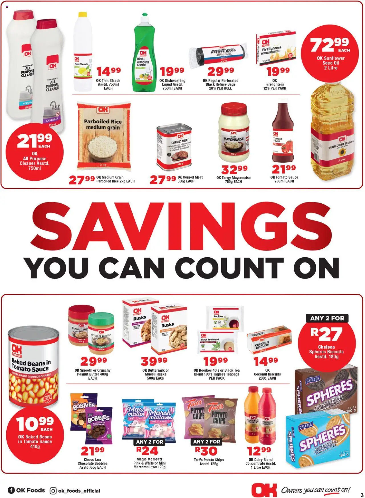 New OK Foods catalogue – valid from 15.10.2025 | Page: 3 | Products: Baked beans, Chips, Sauce, Dishwashing liquid