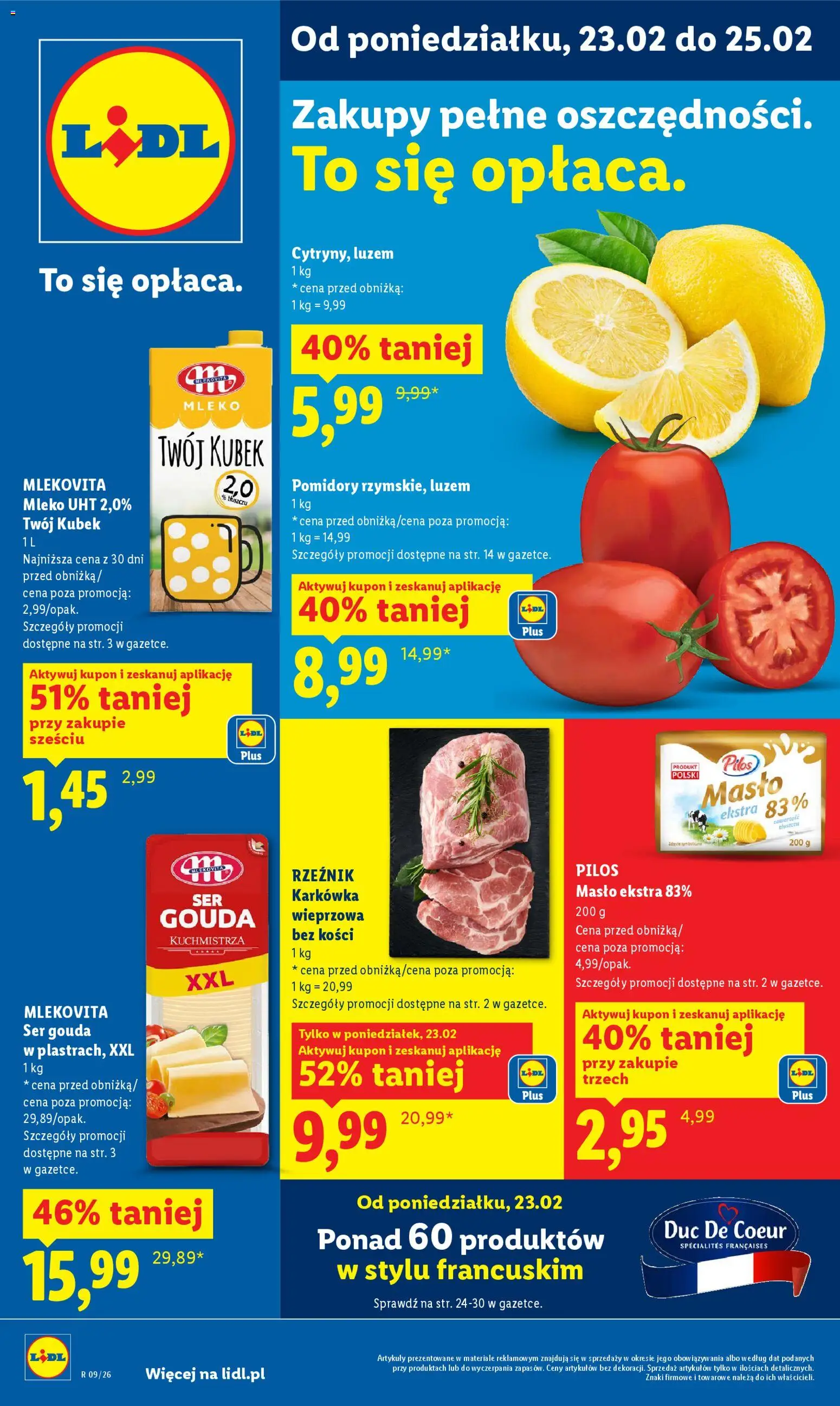 Lidl Gazetka od 23.02.2026 | Strona: 1 | Produkty: Mleko, Masło, Ser, Ser gouda