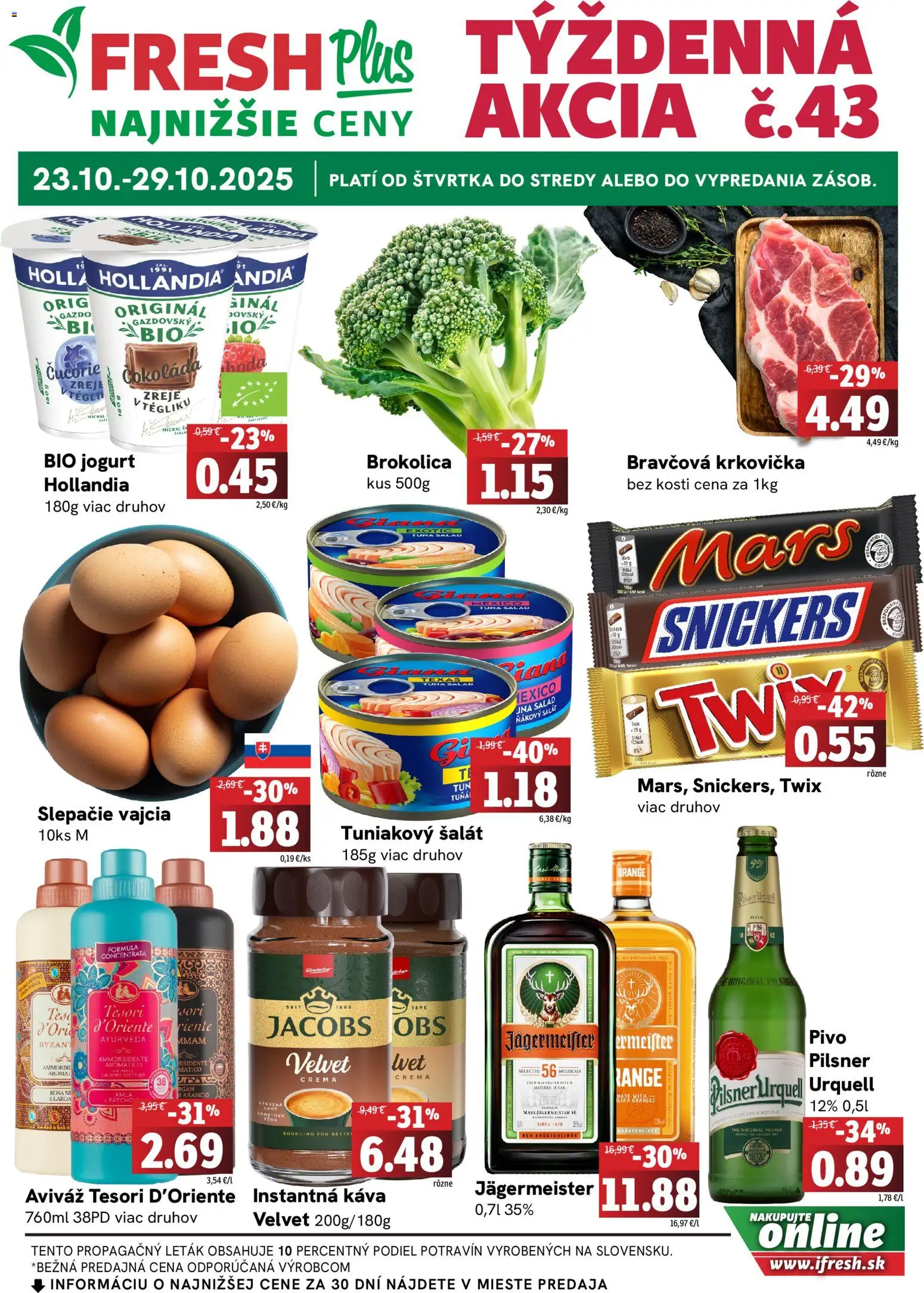 Nové Fresh akcie – leták je platný od 23.10.2025 | Strana: 1 | Produkty: Pivo, Káva, Čokoláda, Krkovička