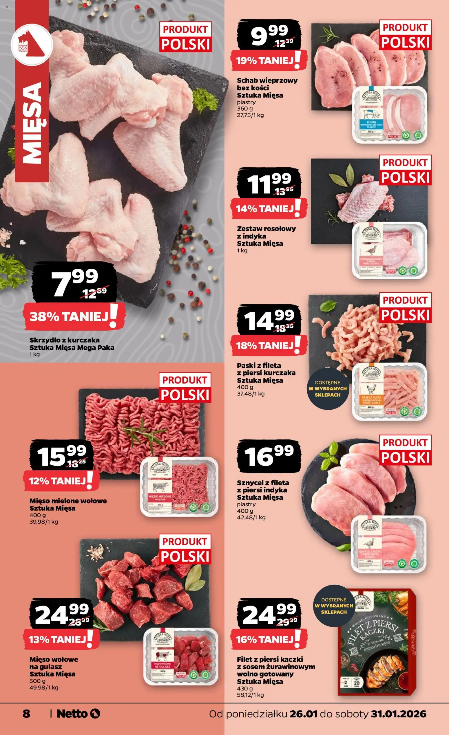 Netto gazetka - Spożywcza od 26.01.2026 | Strona: 8 | Produkty: Piersi, Mięso, Schab wieprzowy, Mięso mielone