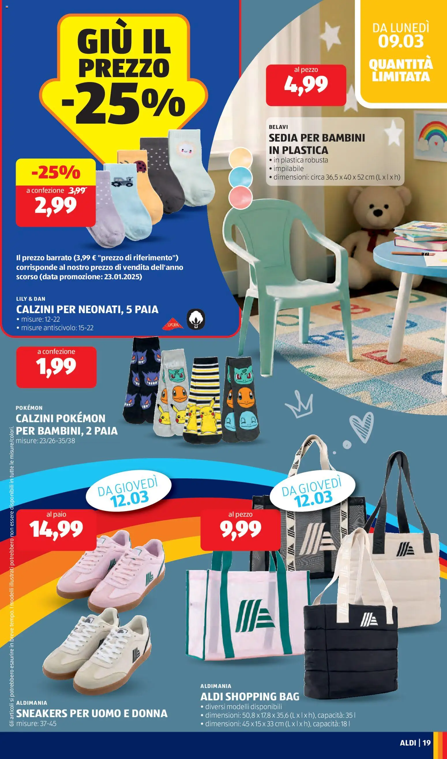 Volantino Aldi del 09.03.2026 | Pagina: 19 | Prodotti: Calzini, Sneakers, Data, Sedia