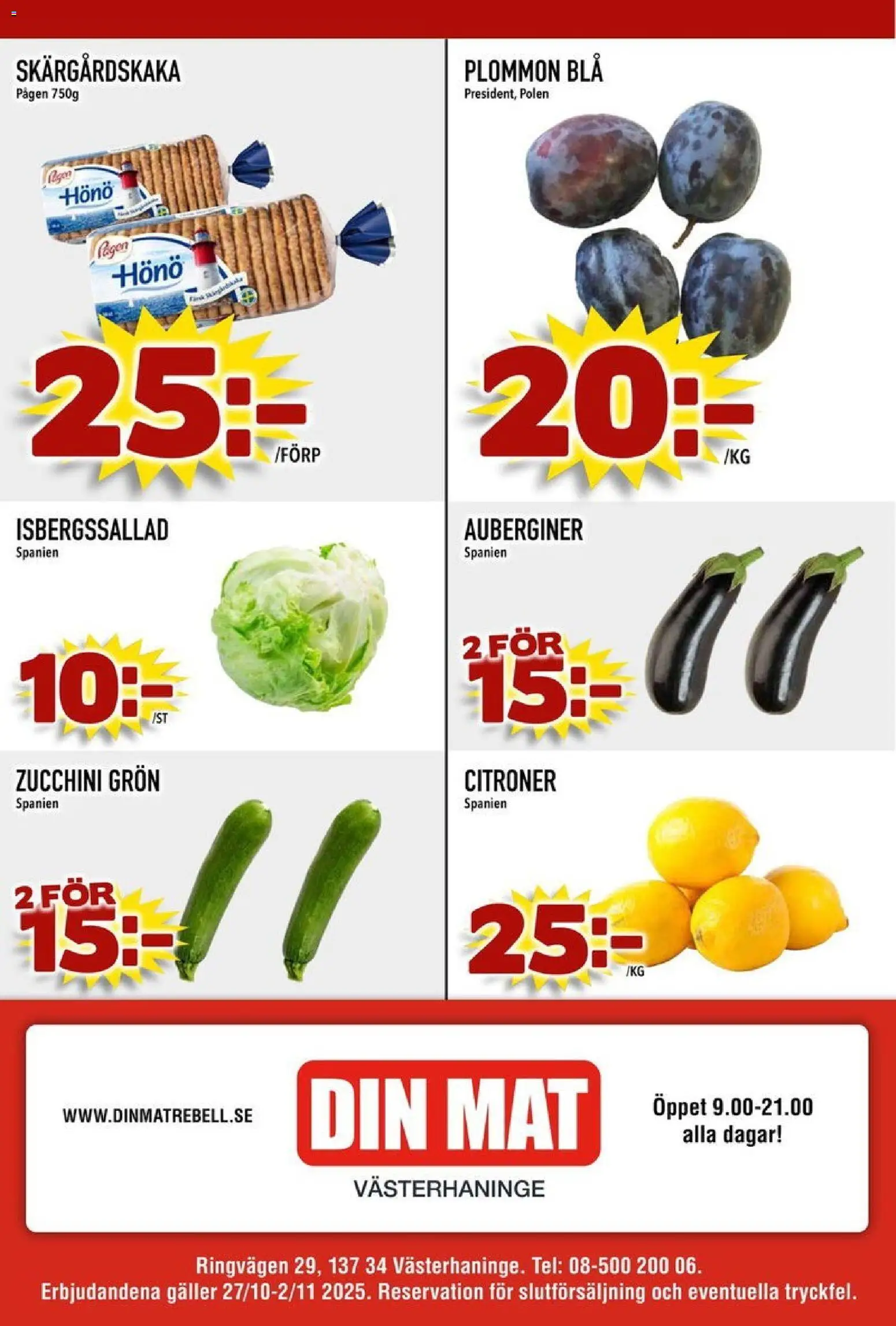 Din Mat reklamblad aktuell från 27.10.2025 | Sida: 8 | Produkter: Galler, Plommon, Isbergssallad, Zucchini