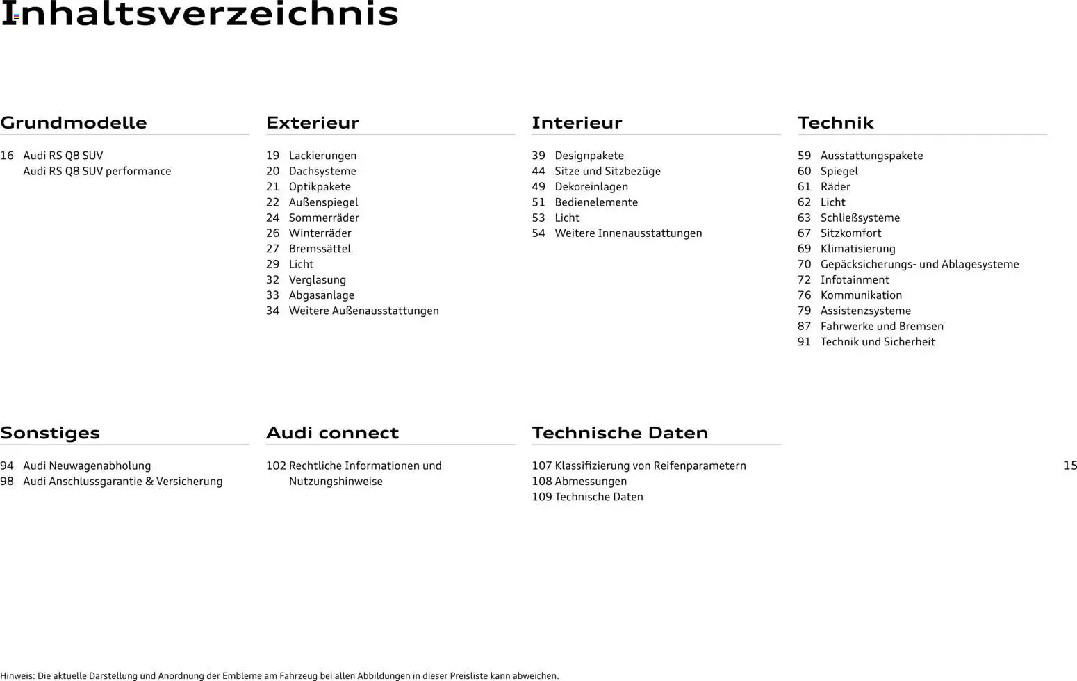 Audi Preisliste RS Q8 SUV/ RS Q8 SUV performance – gültig ab 03.11.2025 | Seite: 15 | Produkte: Spiegel
