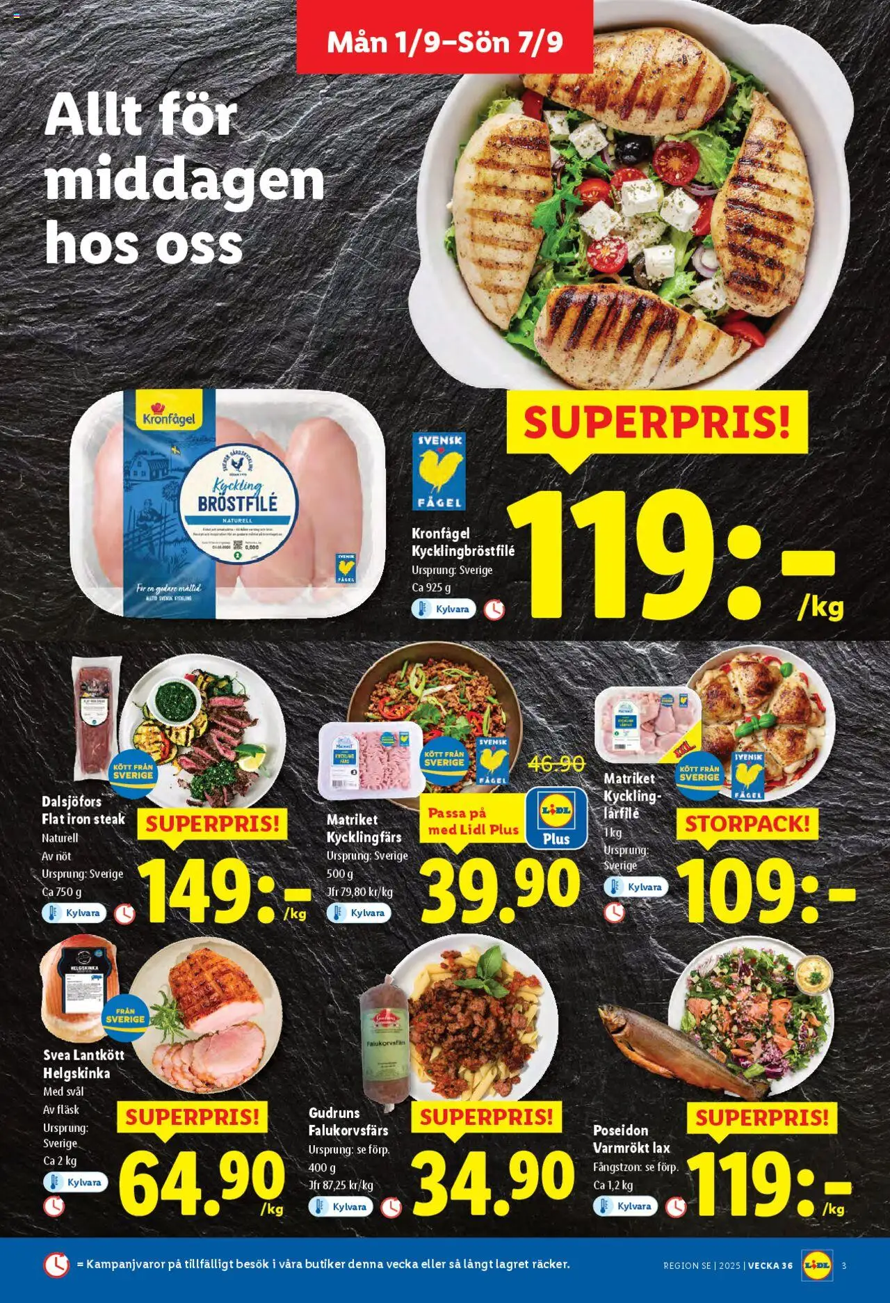 Lidl reklamblad aktuell från 01.09.2025 | Sida: 3 | Produkter: Lax, Fläsk
