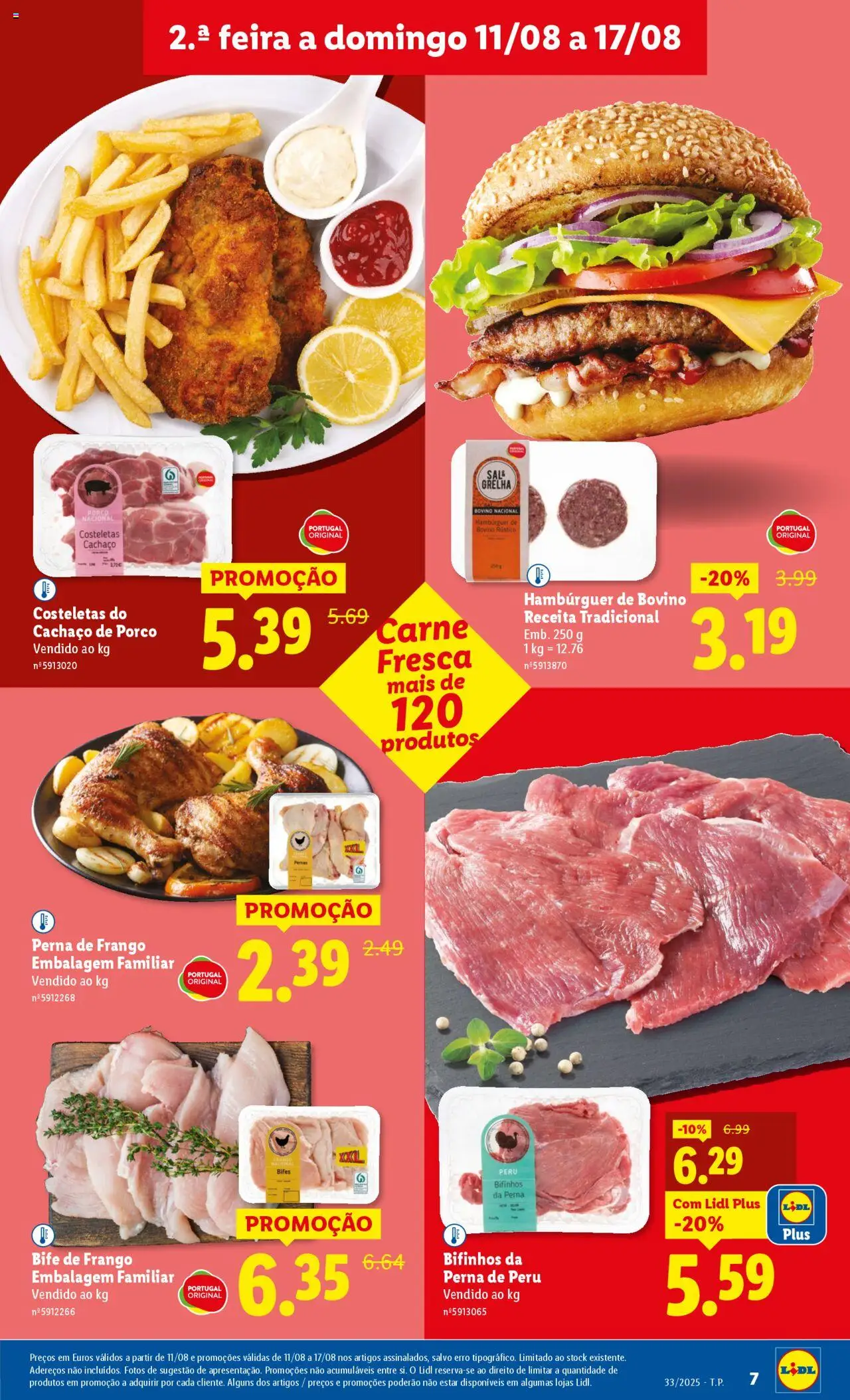 Lidl folheto │ válido de 11.08.2025 | Página: 7 | Produtos: Frango, Peru, Hambúrguer, Carne