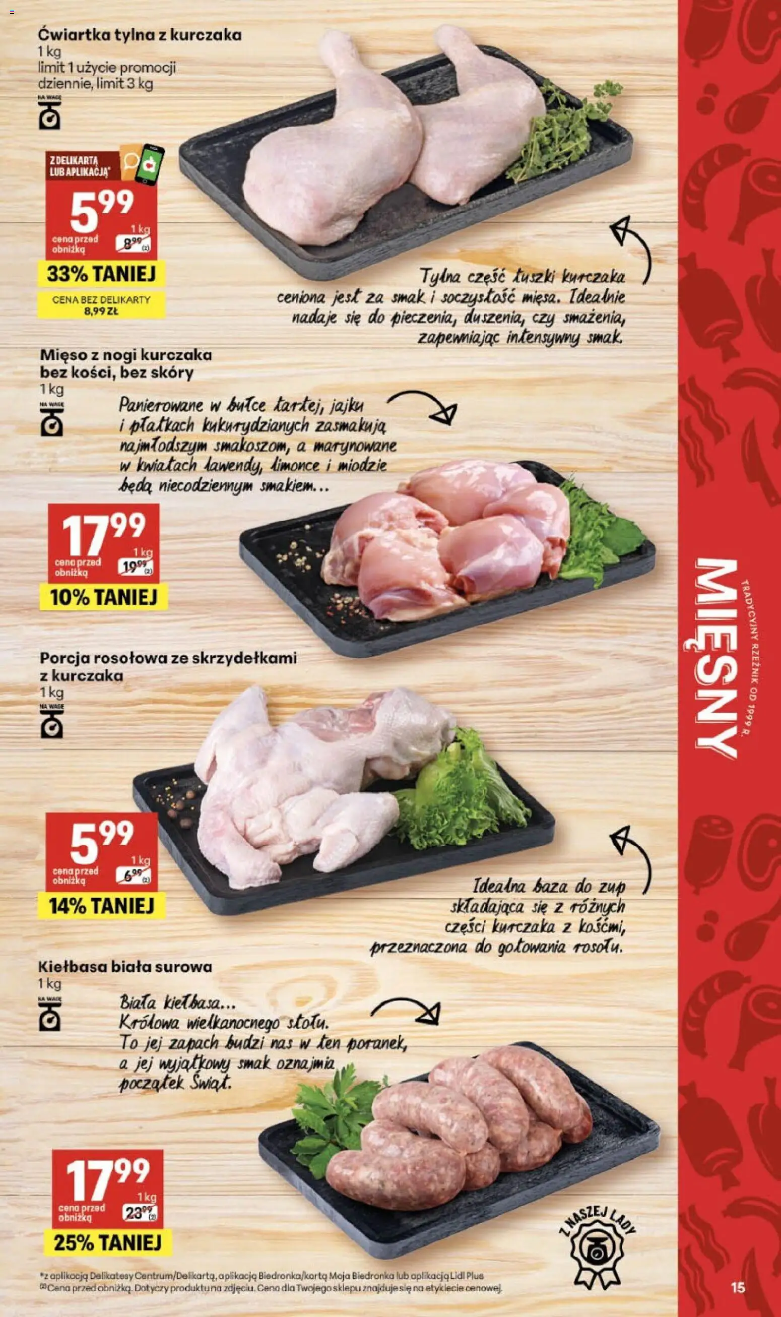 Delikatesy Centrum gazetka - Sklepy Własne od 26.03.2026 | Strona: 15 | Produkty: Kiełbasa, Mięso, Biała kiełbasa, Zapach
