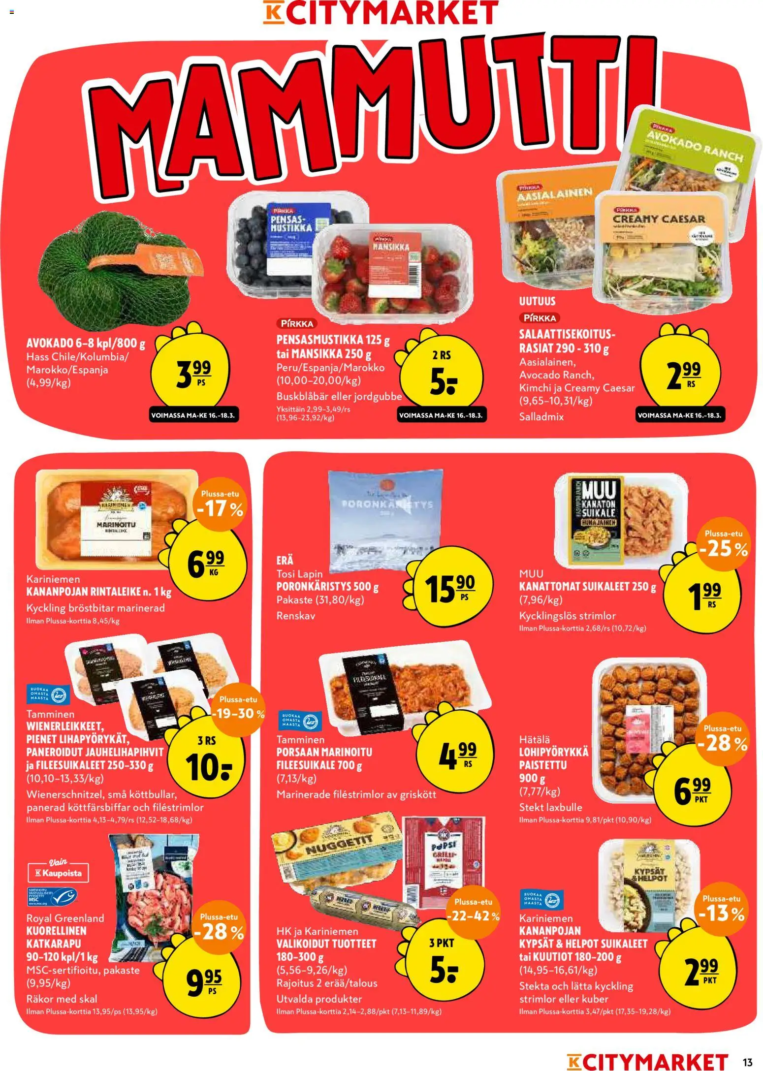 K-Citymarket tarjoukset – voimassa 16.03.2026 alkaen | Sivu: 13 | Tuotteet: Grilli, Katkarapu, Avokado