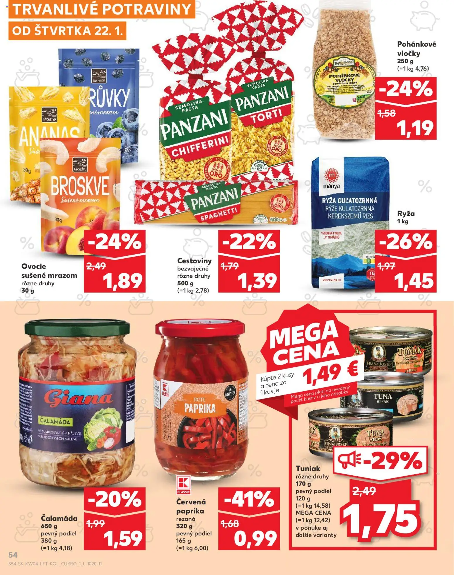 Nové Kaufland akcie – leták je platný od 22.01.2026 | Strana: 54 | Produkty: Paprika, Tuniak, Cestoviny, Steak