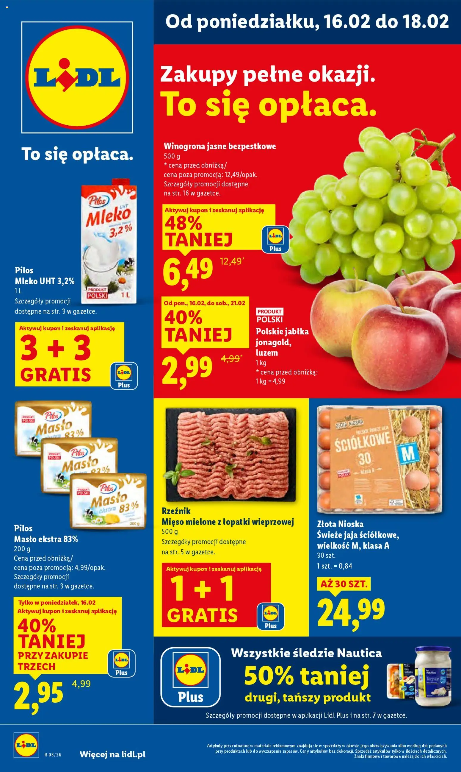 Lidl Gazetka od 16.02.2026 | Strona: 1 | Produkty: Mięso mielone, Mleko, Masło, Jabłka
