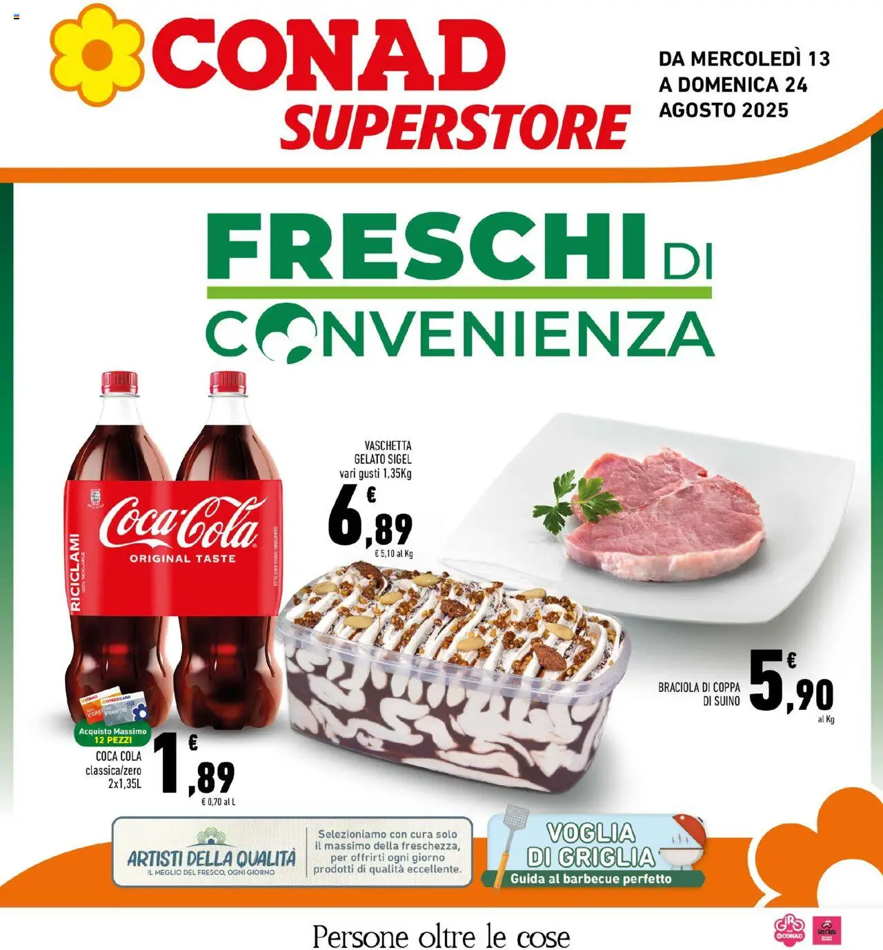 Volantino Conad del 13.08.2025 | Pagina: 1 | Prodotti: Gelato, Suino, Barbecue, Coca Cola