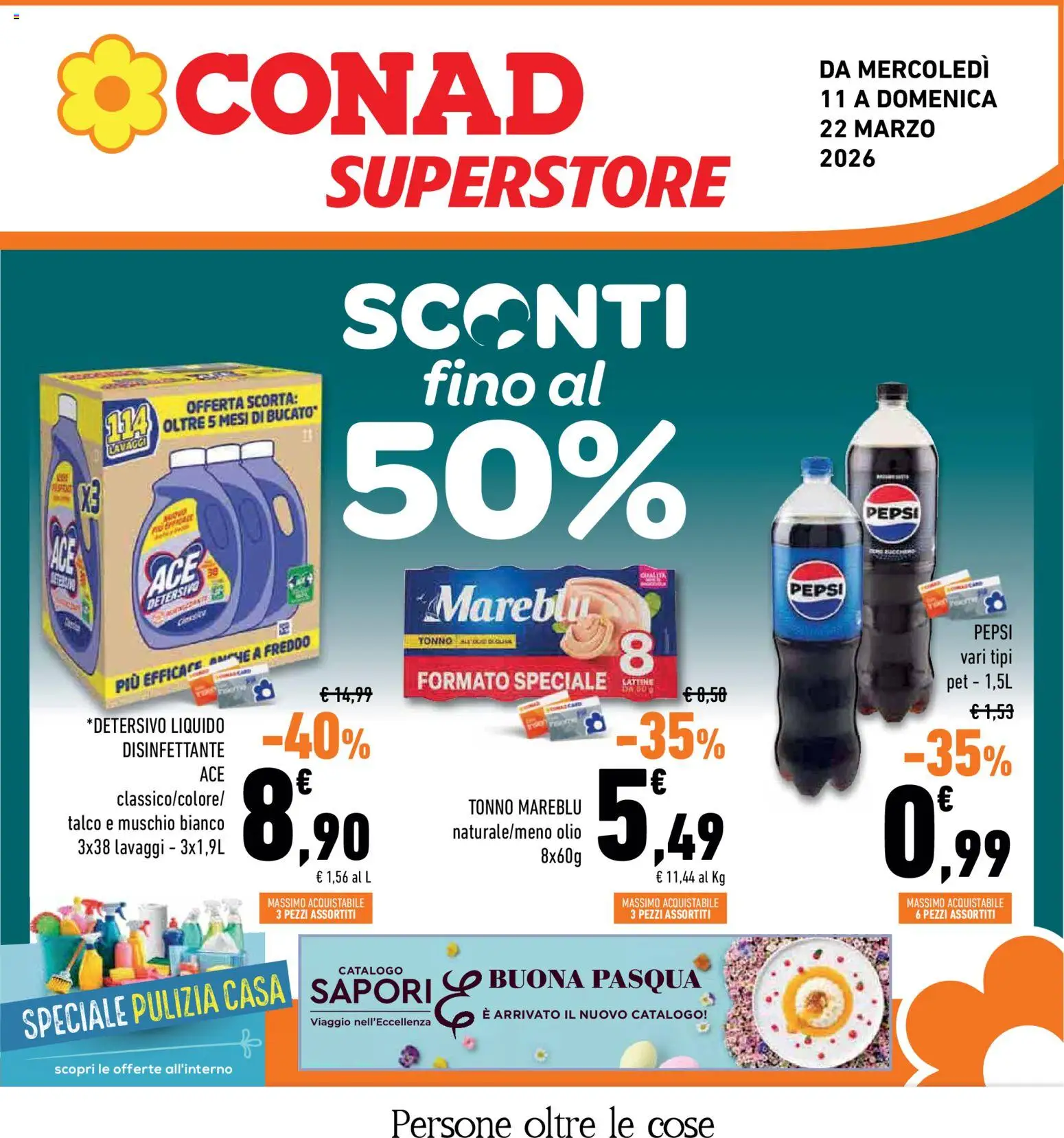 Volantino Conad del 11.03.2026 | Pagina: 1 | Prodotti: Talco, Olio, Tonno, Pepsi