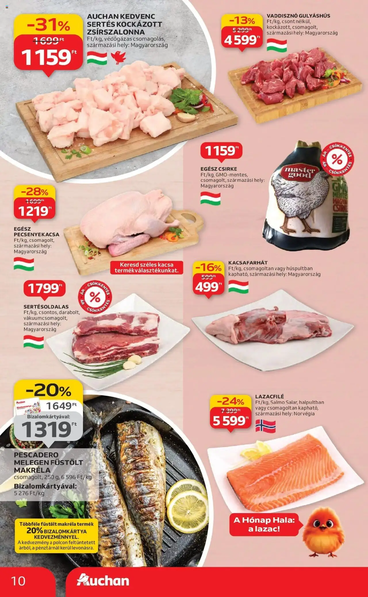 Auchan akciós ujság - amely érvényes a következő dátumtól: 16.10.2025 | Oldal: 10 | Termékek: Egész csirke, Füstölt makréla, Pecsenyekacsa, Kacsa