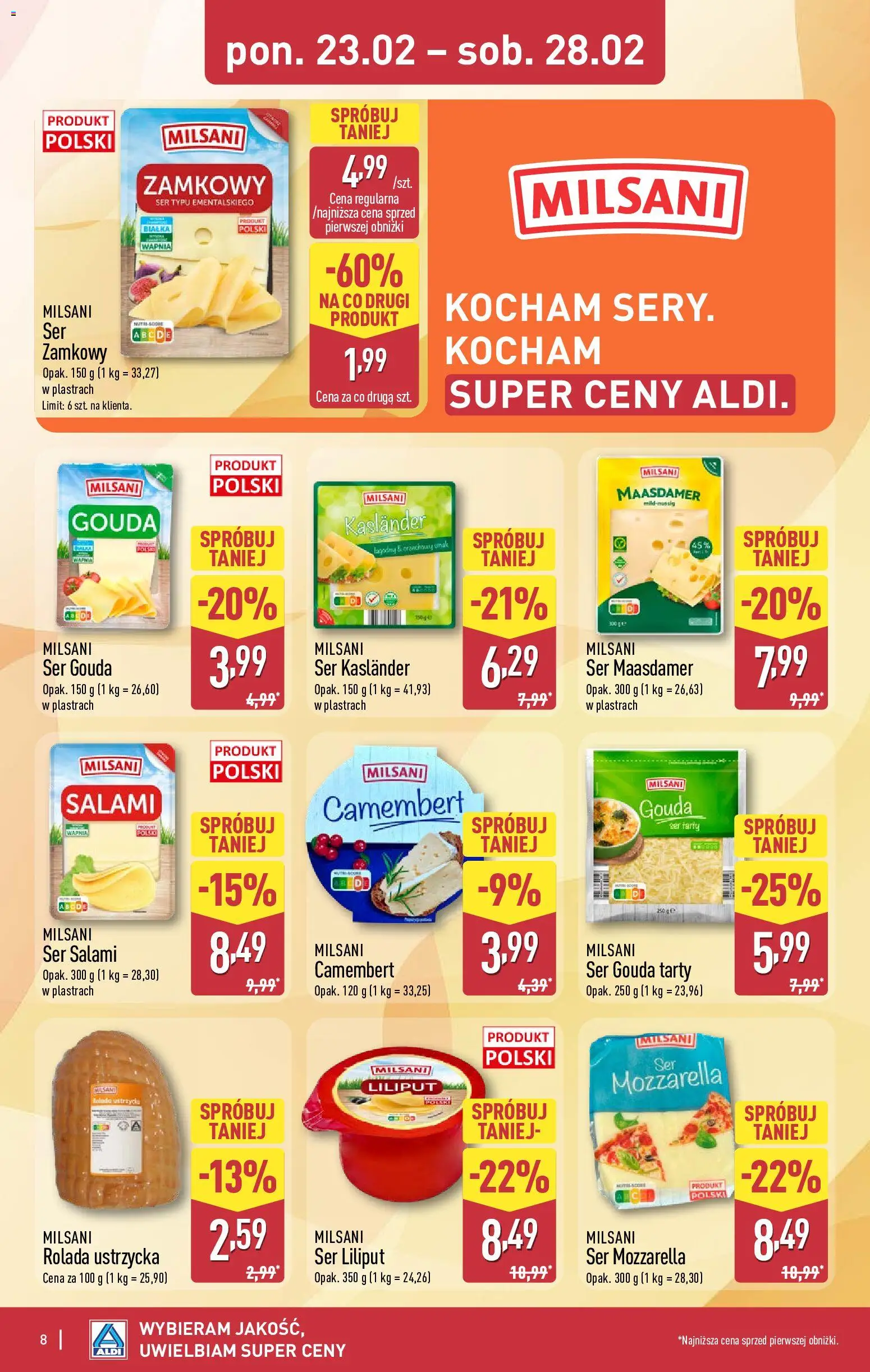 Aldi Polsko leták od 23.02.2026 | Strana: 8 | Produkty: Gouda, Maasdamer, Mozzarella, Camembert