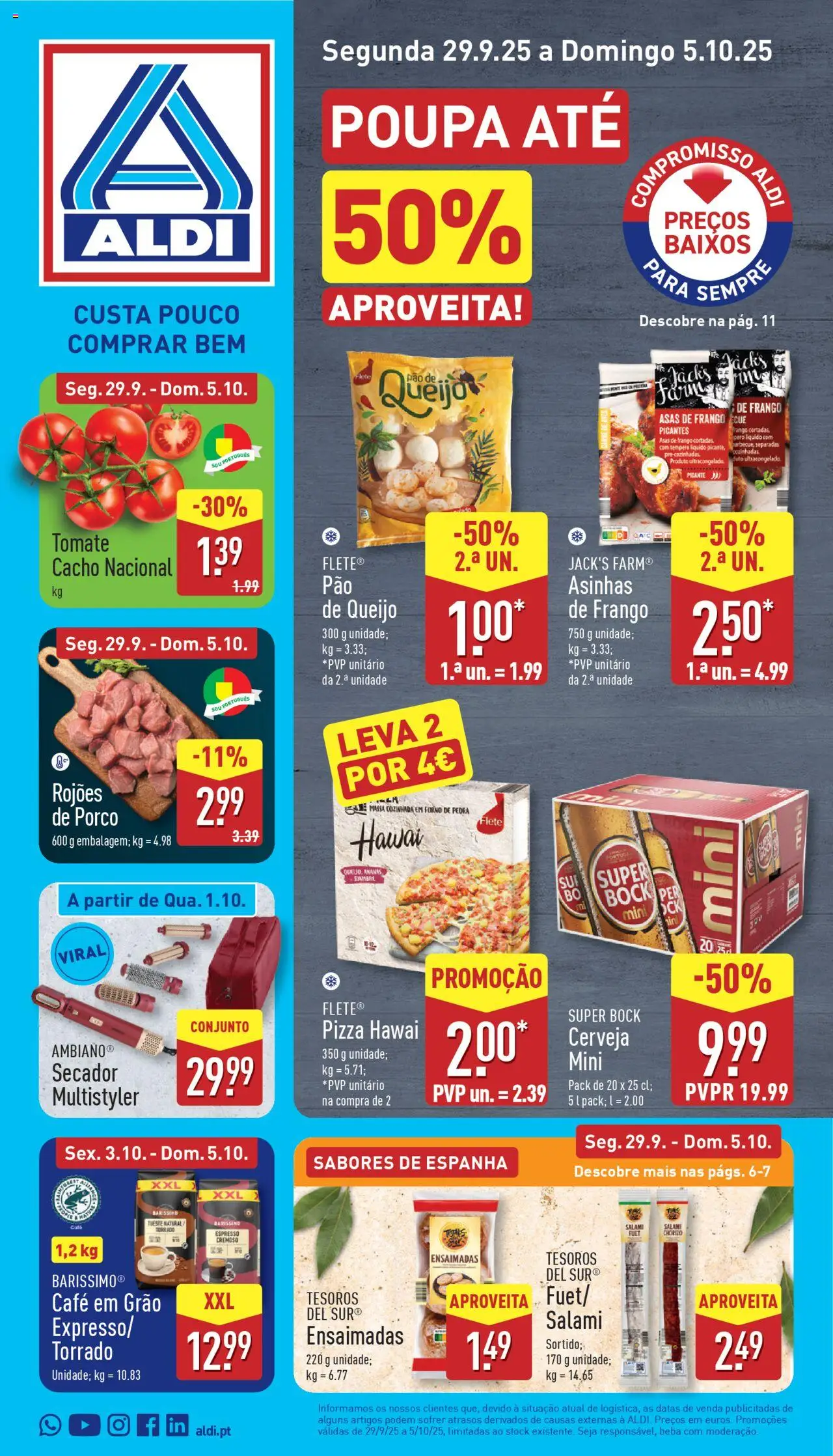 Aldi folheto │ válido de 29.09.2025 | Página: 1 | Produtos: Forno, Queijo, Café, Pizza