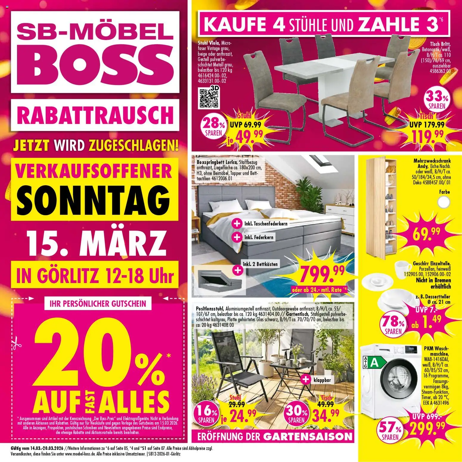 SB Möbel Boss Prospekt Görlitz – gültig ab 14.03.2026 | Seite: 1 | Produkte: Bett, Boxspringbett, Tisch, Topper