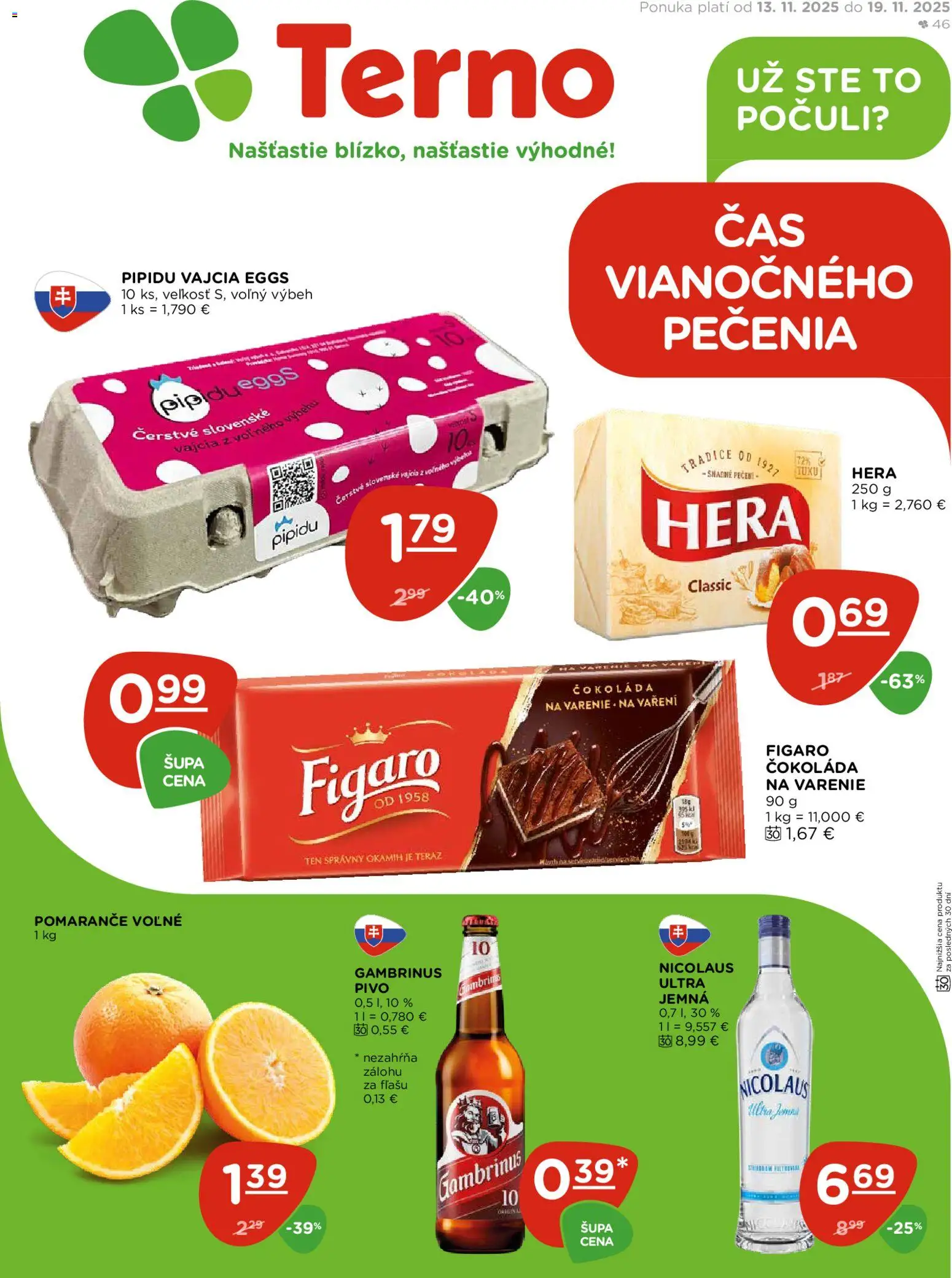Nové Terno akcie – leták je platný od 13.11.2025 | Strana: 1 | Produkty: Pivo, Vajcia, Gambrinus, Hera