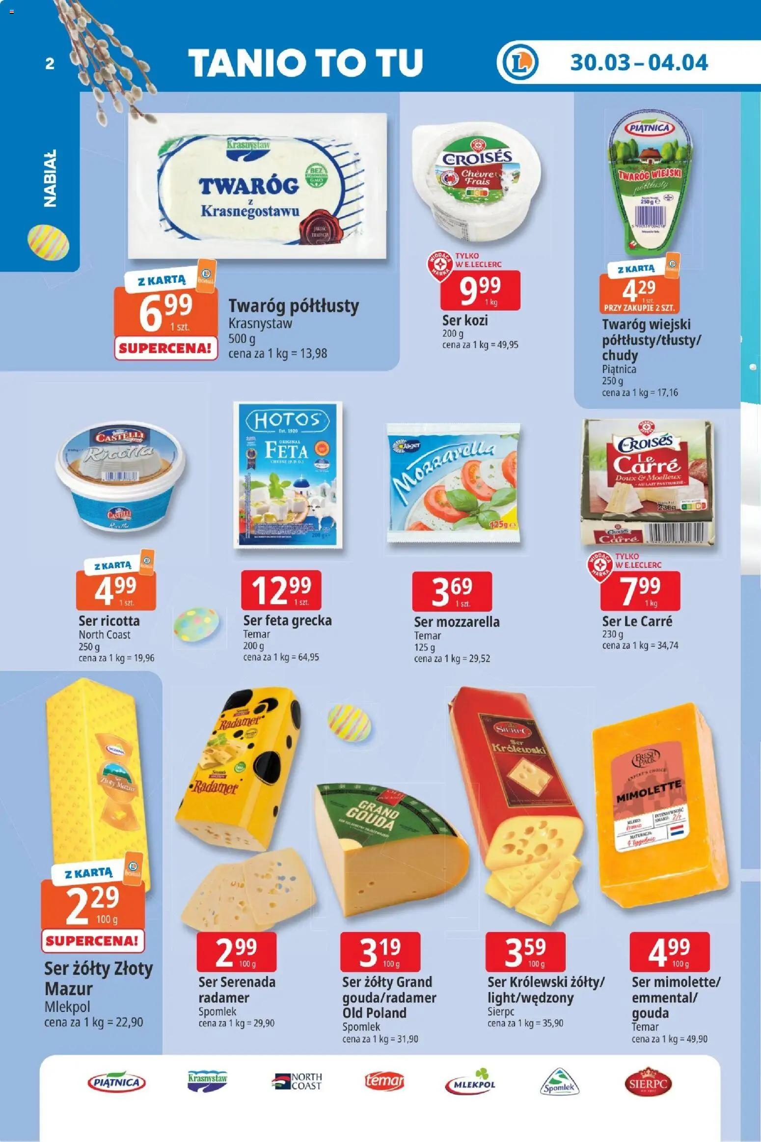 E.Leclerc gazetka - Elbląg od 30.03.2026 | Strona: 2 | Produkty: Twaróg półtłusty, Mleko, Ser, Mozzarella
