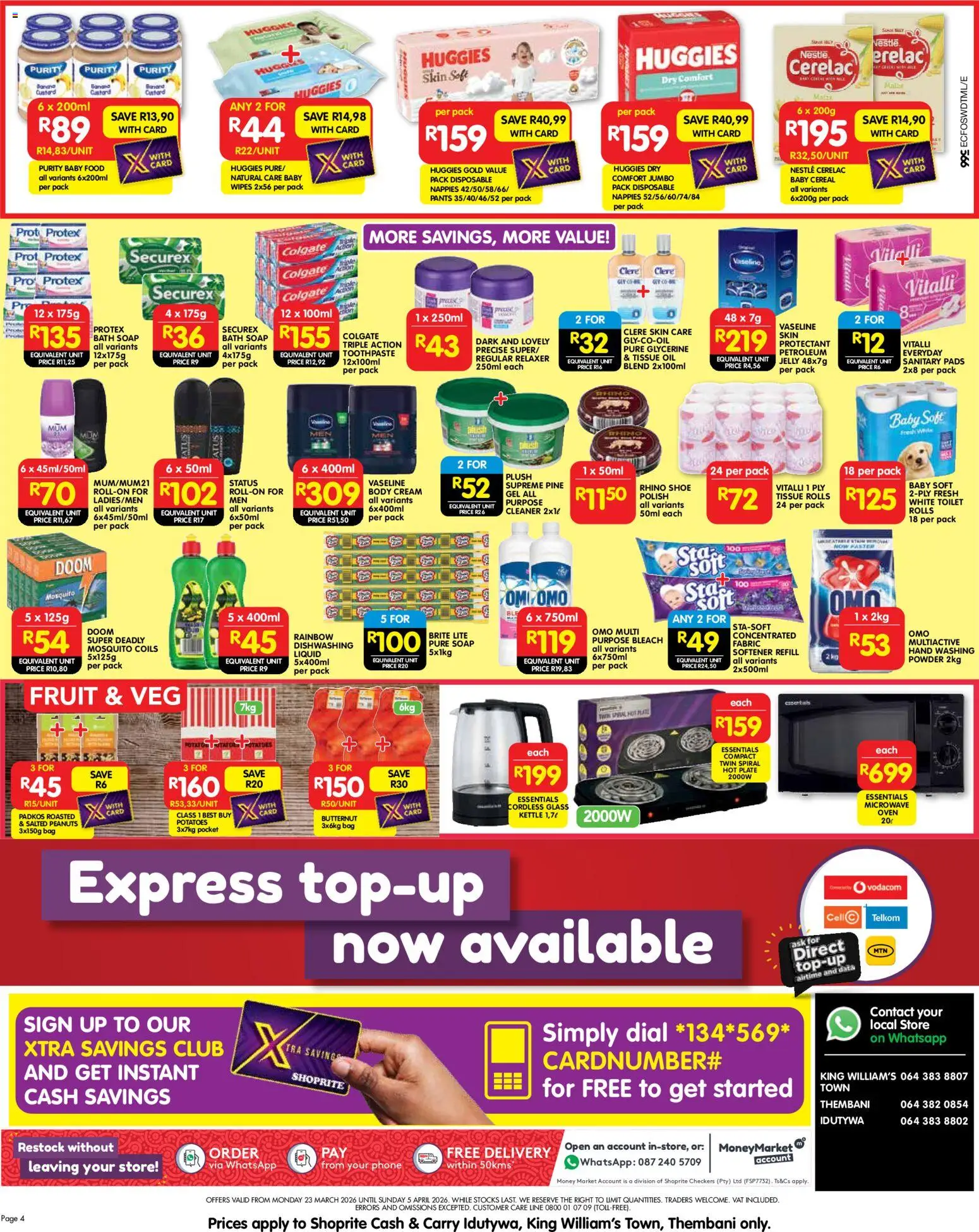 New Shoprite catalogue – valid from 23.03.2026 | Page: 4 | Products: Bag, Kettle, Washing powder, Dishwashing liquid