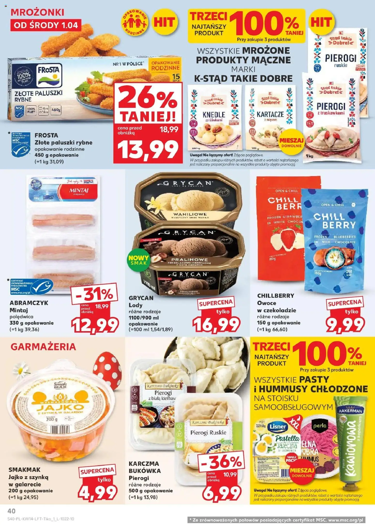Kaufland gazetka od 01.04.2026 | Strona: 40 | Produkty: Szynka, Paluszki rybne, Mintaj, Lody